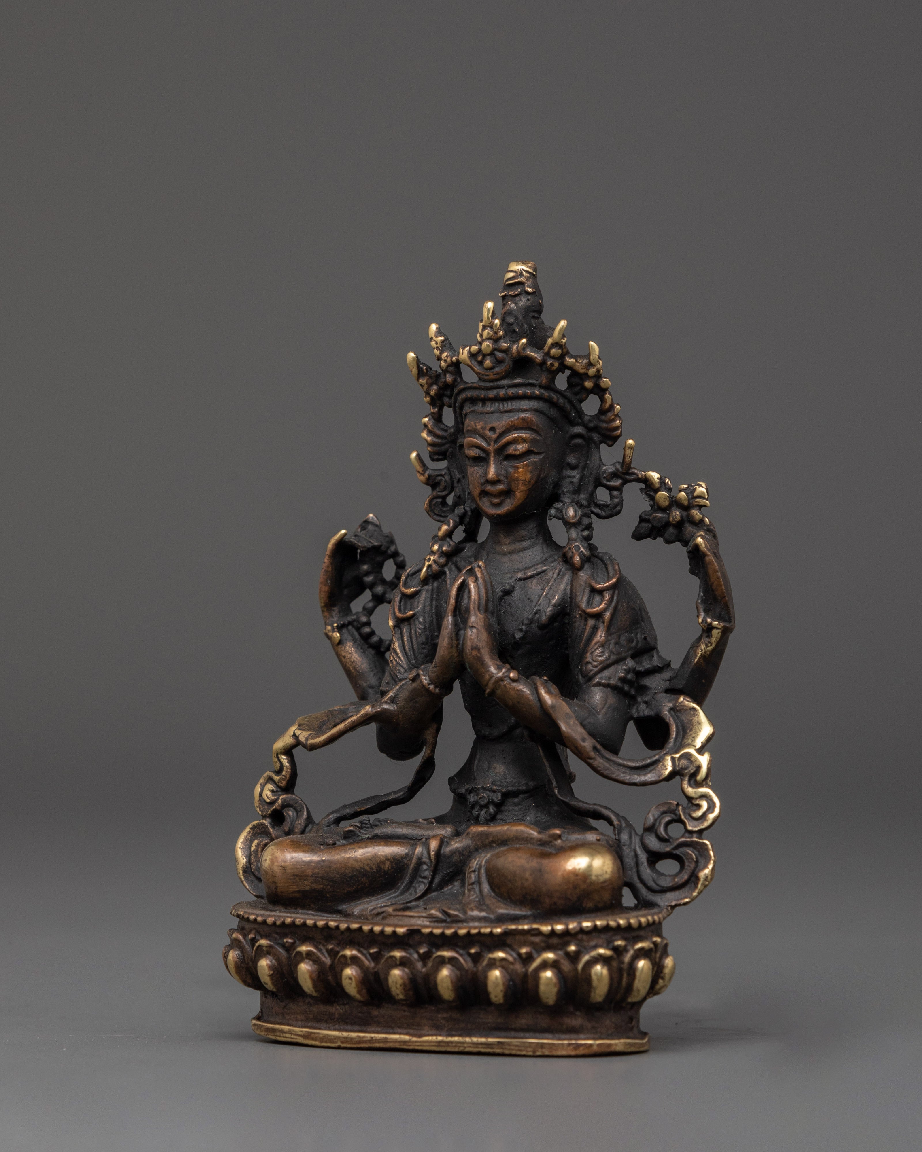 Hand-Crafted Statue of Chenrezig | Traditional Brass Artwork with Antique Finishing