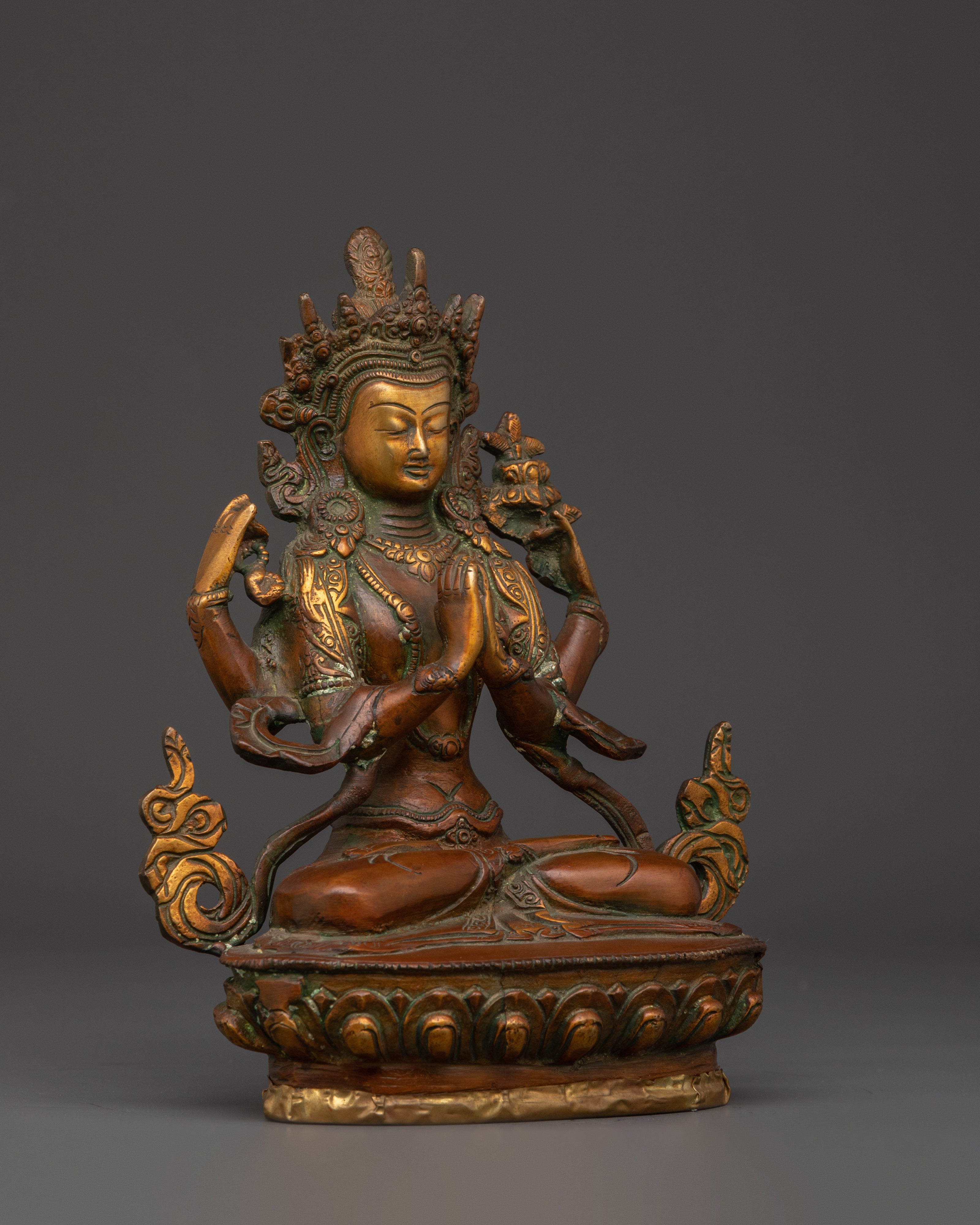 Chenrezig Handmade Statue | Brass & Oxidized Copper