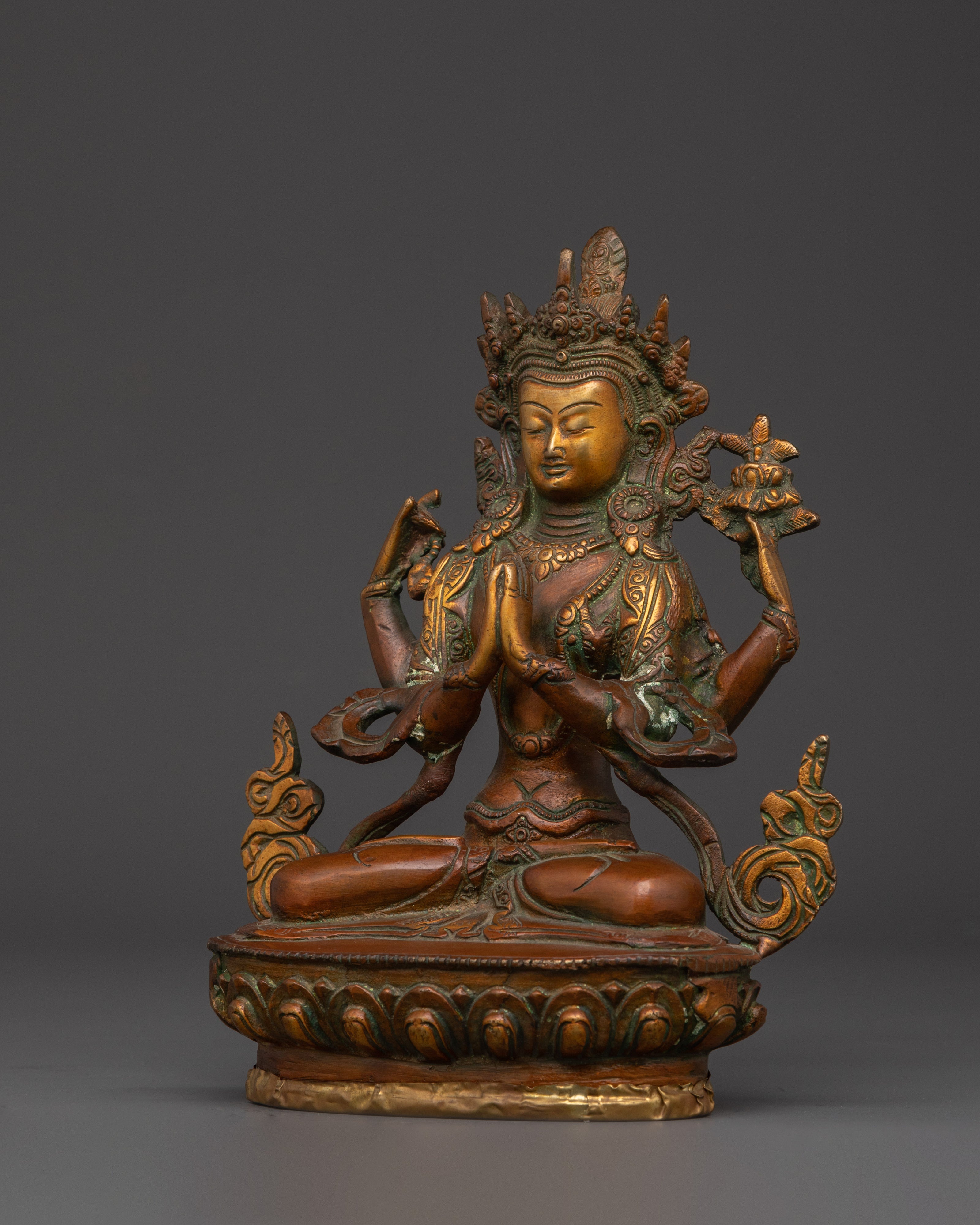 Chenrezig Handmade Statue | Brass & Oxidized Copper