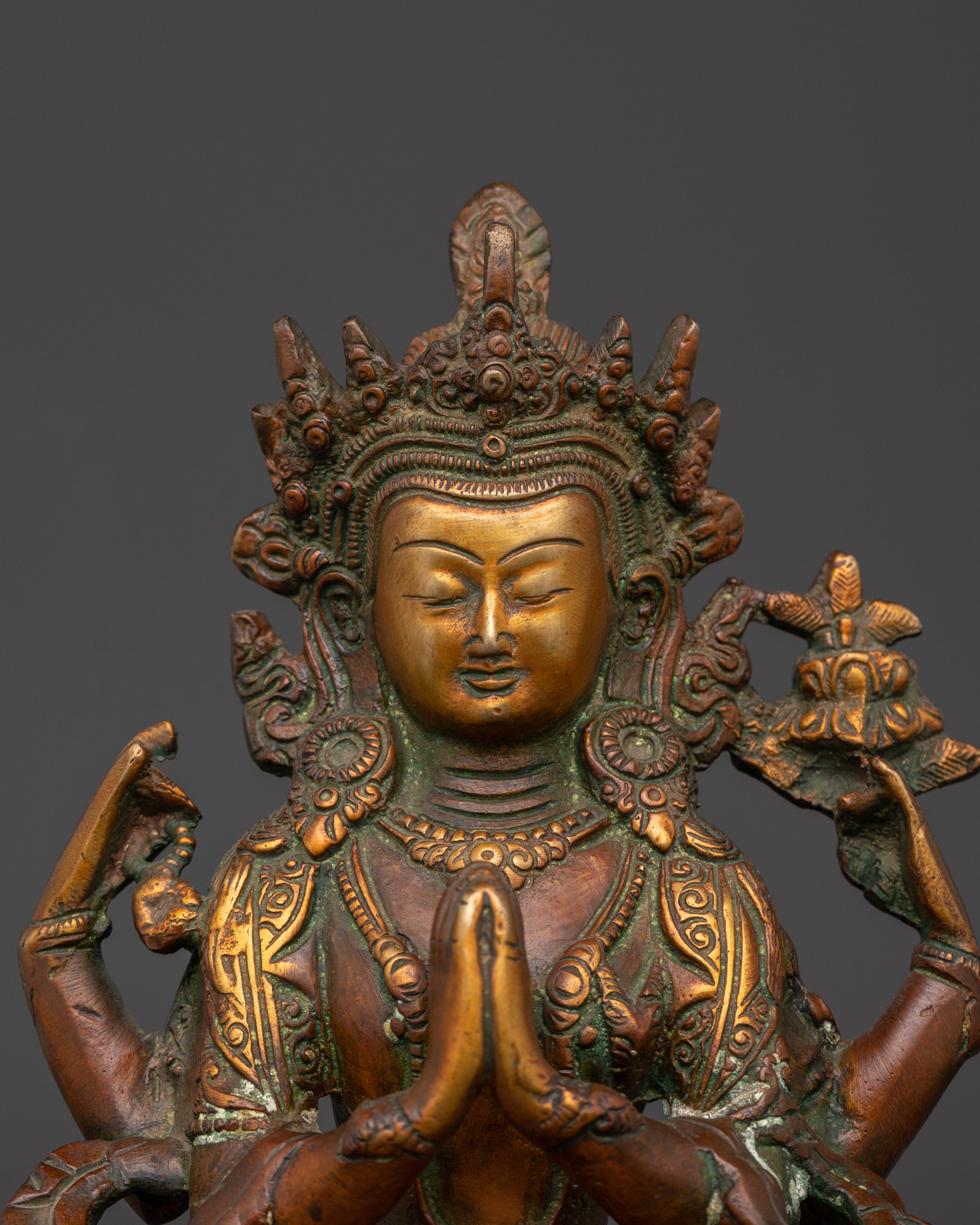 Chenrezig Handmade Statue | Brass & Oxidized Copper