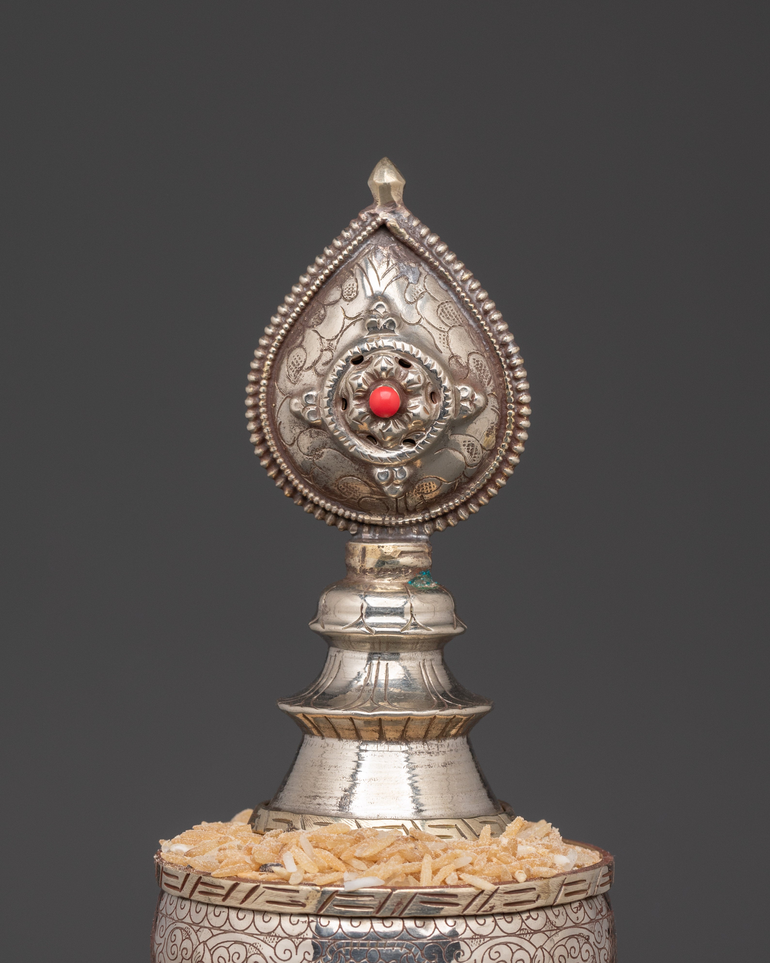Handmade Tibetan Mandala Set | White Metal Mandala Offering Set with Coral Inlay