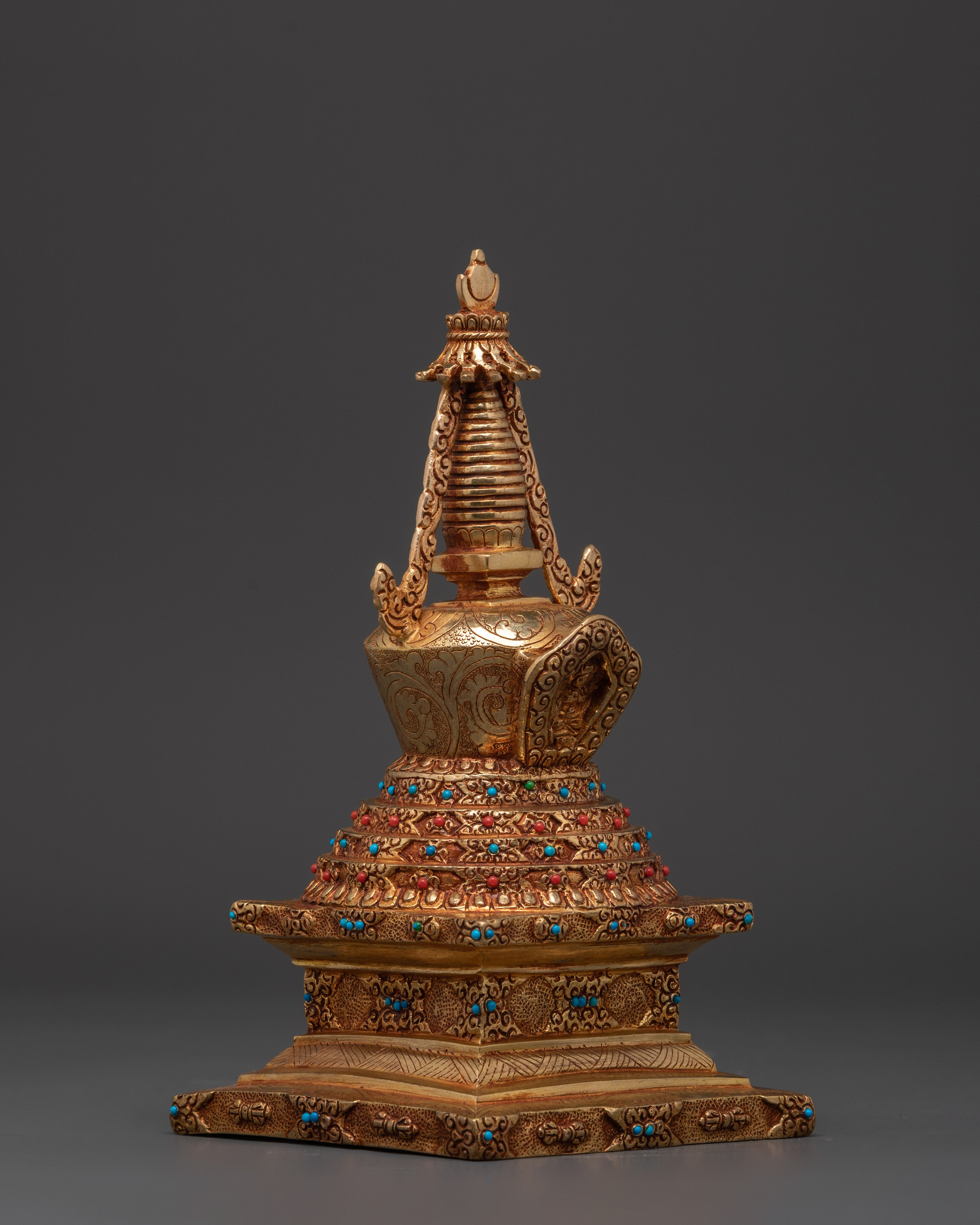 Tibetan Buddhist Stupa Statue | Gold-Plated Copper Chorten with Coral