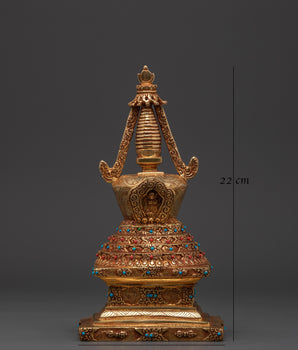 Tibetan Buddhist Stupa Statue | Gold-Plated Copper Chorten with Coral