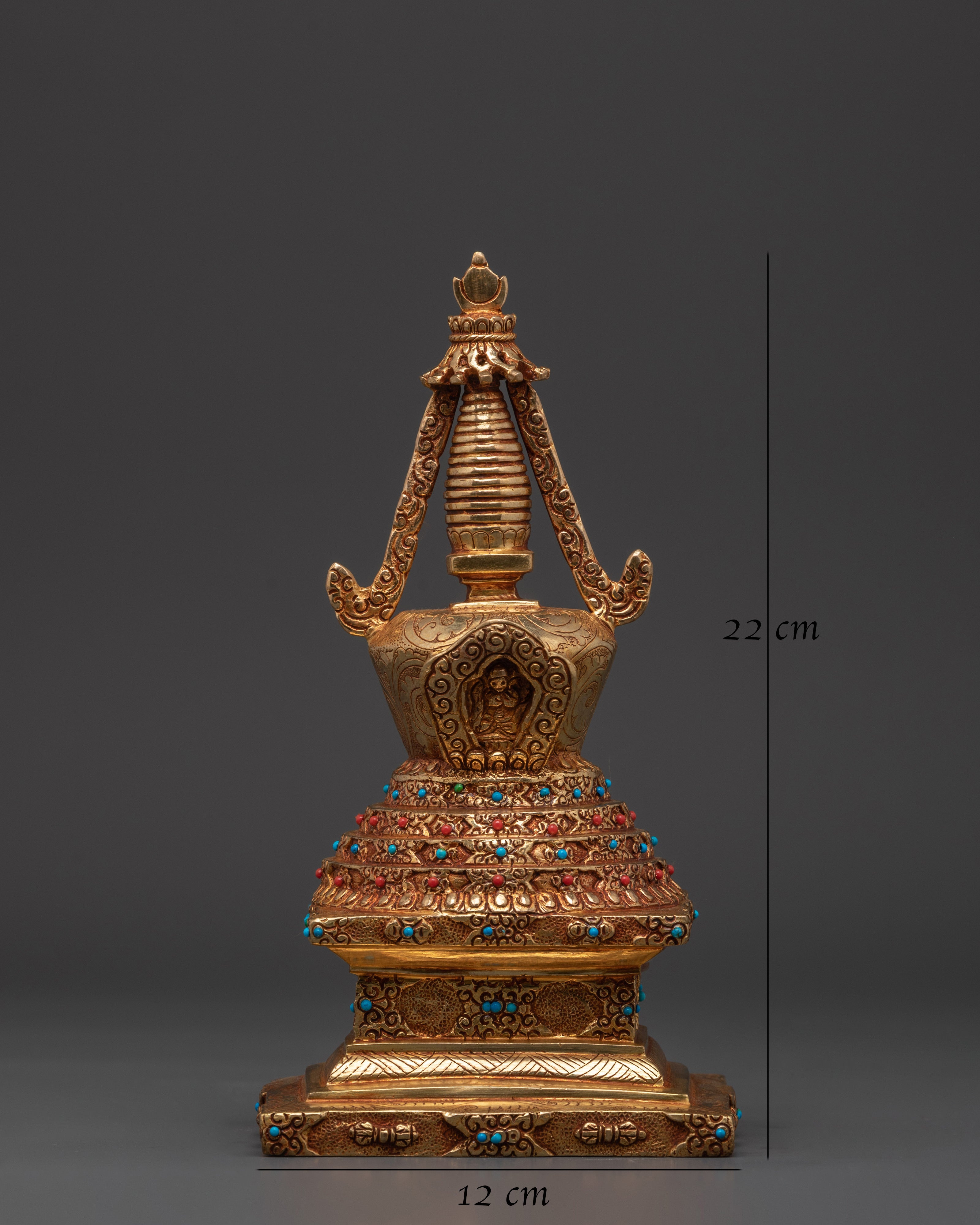 Tibetan Buddhist Stupa Statue | Gold-Plated Copper Chorten with Coral
