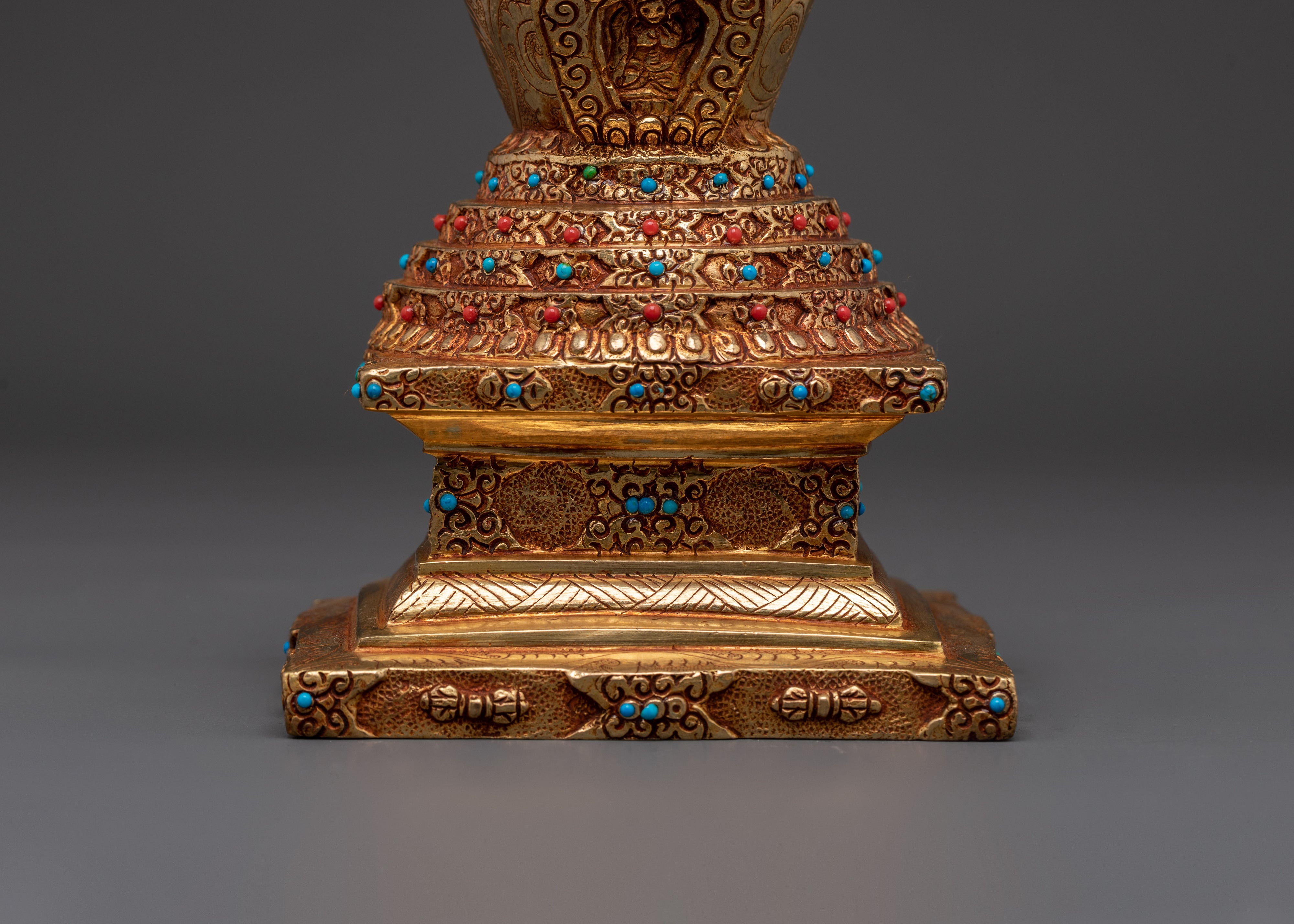 Tibetan Buddhist Stupa Statue | Gold-Plated Copper Chorten with Coral