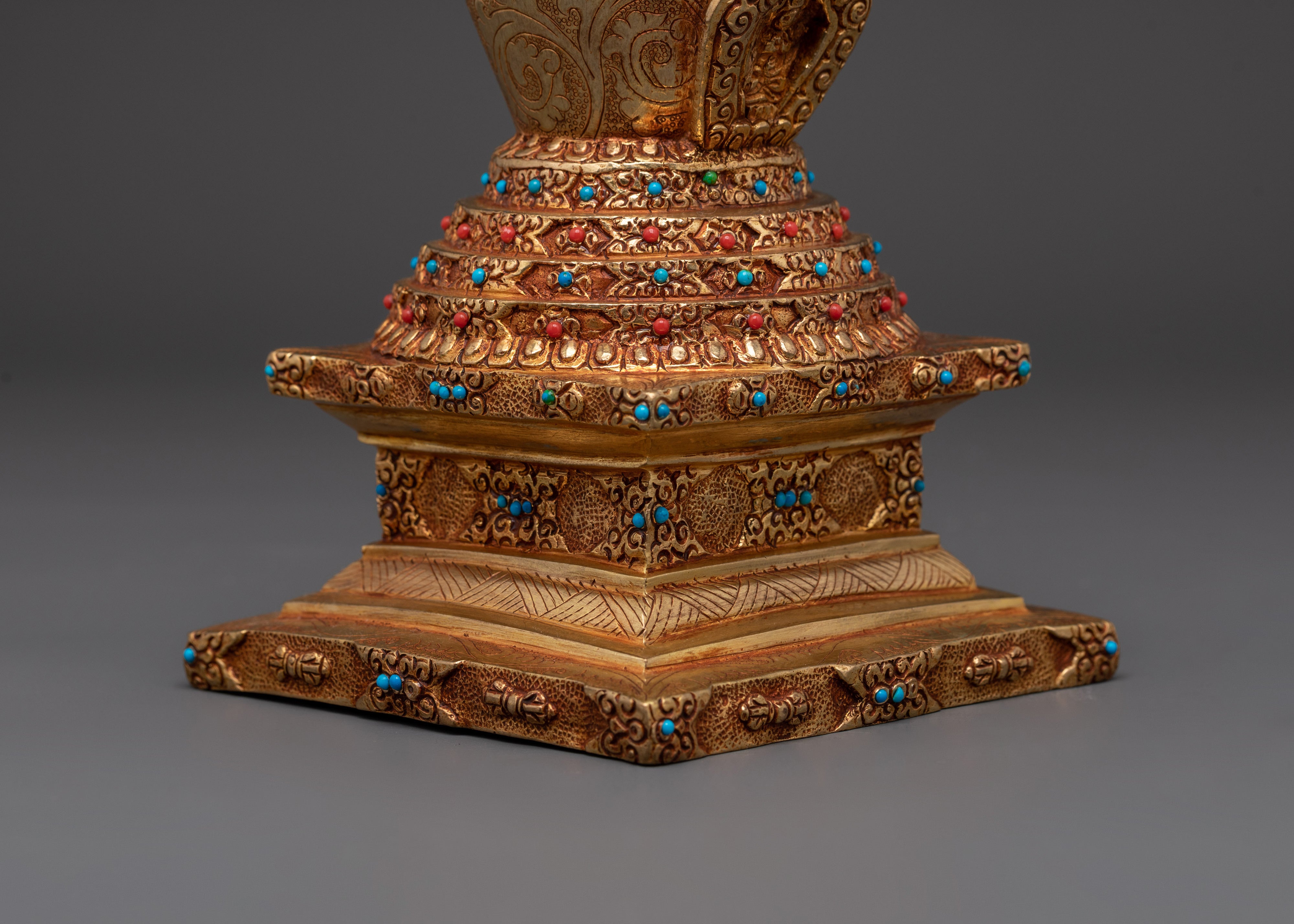 Tibetan Buddhist Stupa Statue | Gold-Plated Copper Chorten with Coral