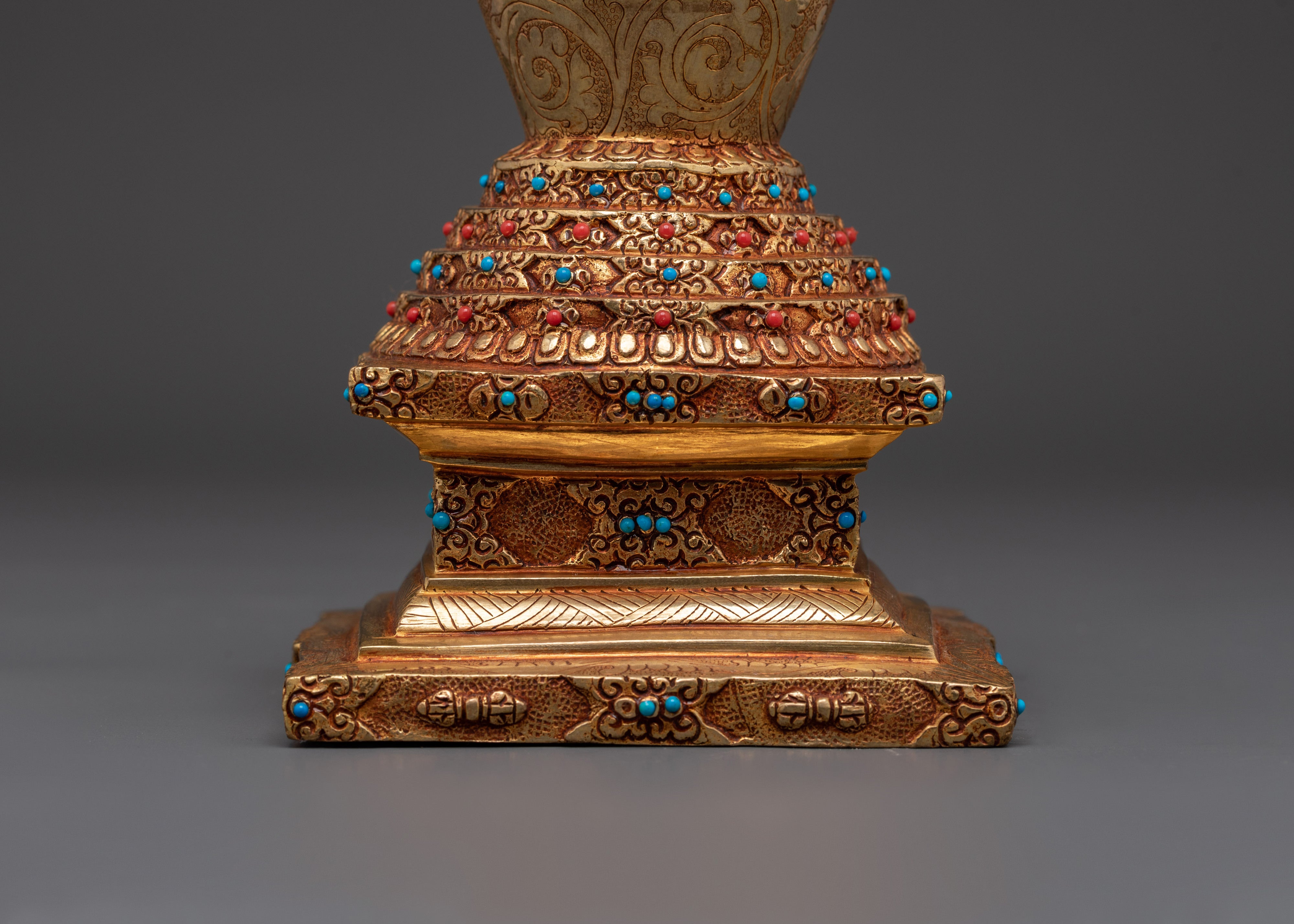 Tibetan Buddhist Stupa Statue | Gold-Plated Copper Chorten with Coral