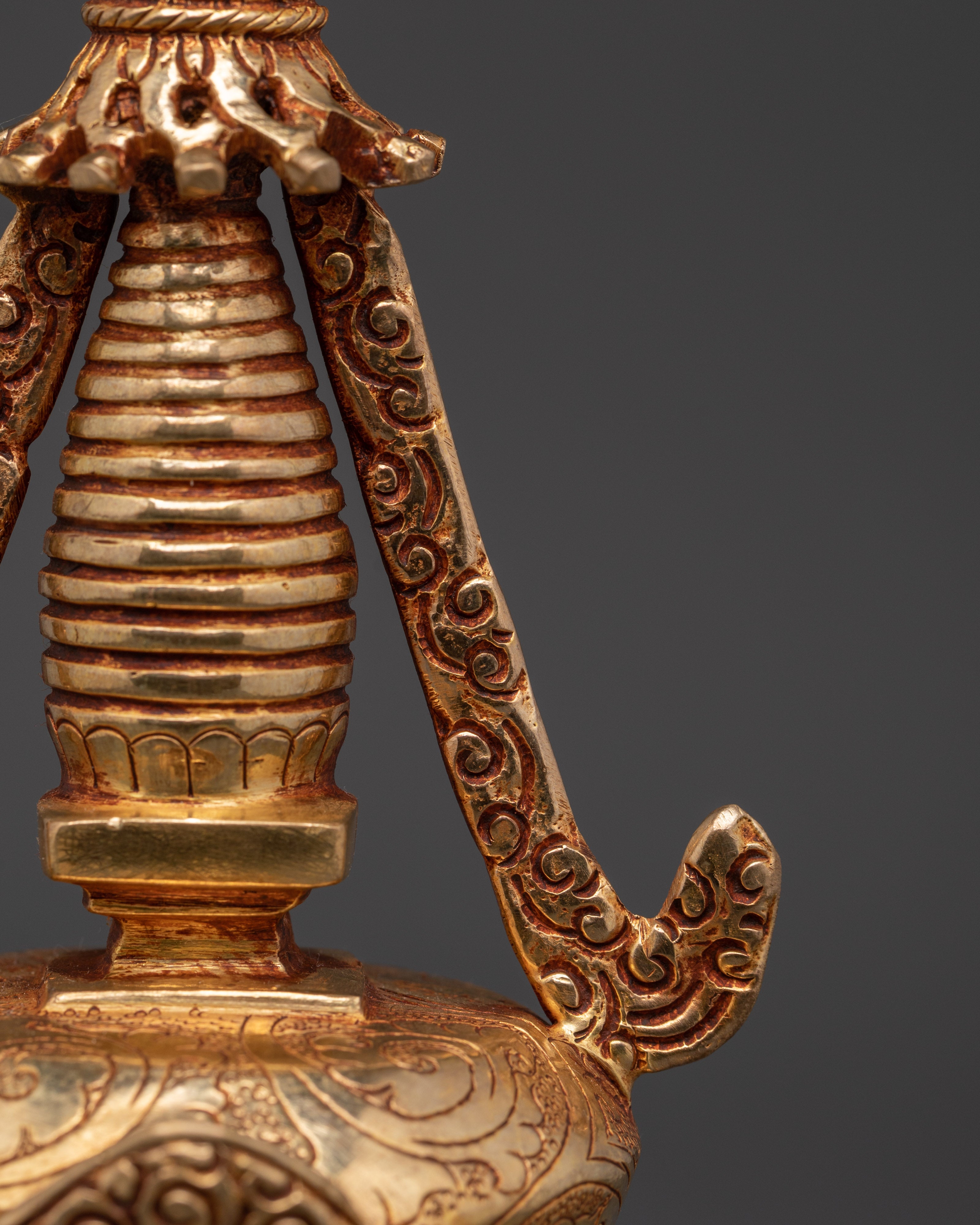 Tibetan Buddhist Stupa Statue | Gold-Plated Copper Chorten with Coral