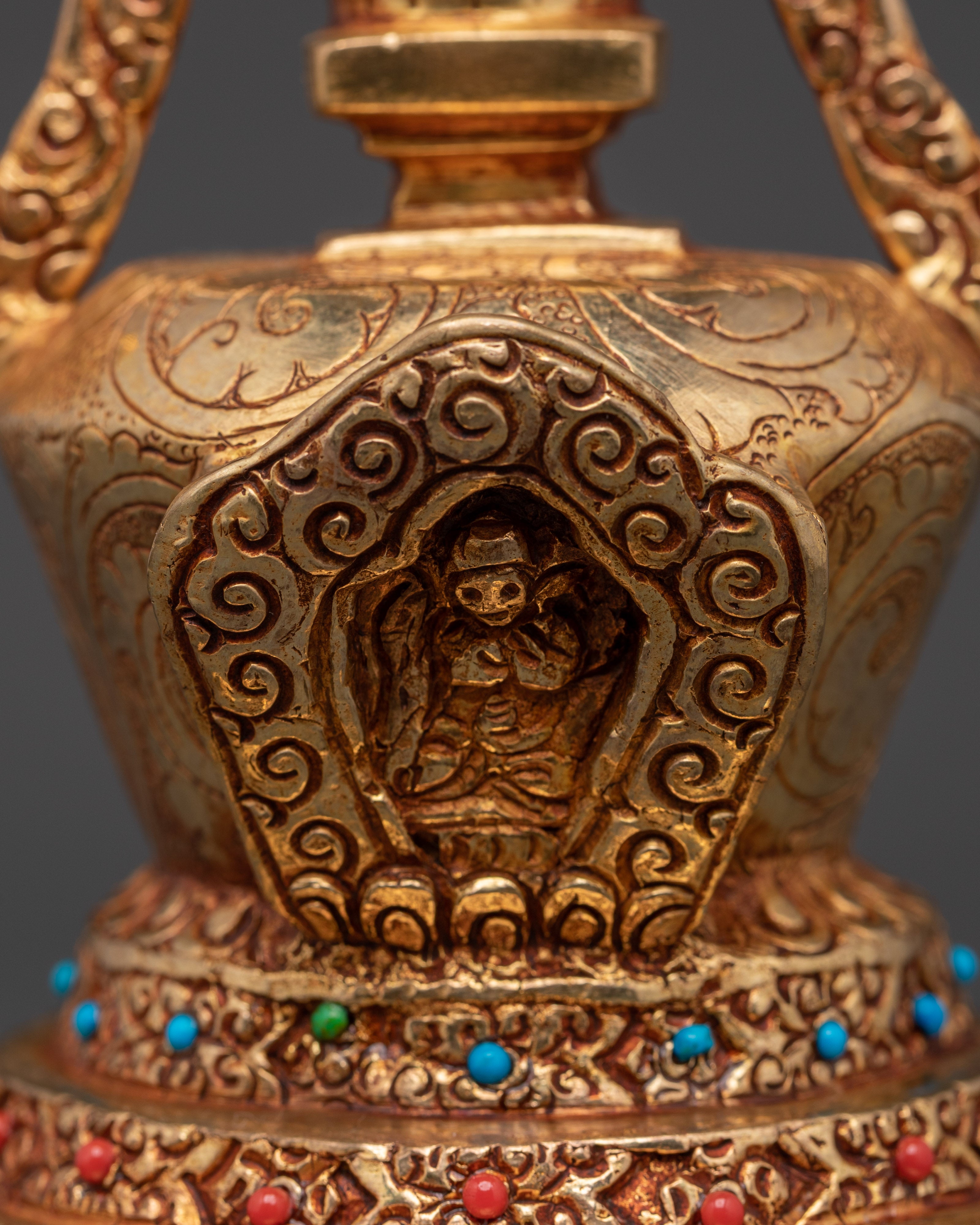 Tibetan Buddhist Stupa Statue | Gold-Plated Copper Chorten with Coral