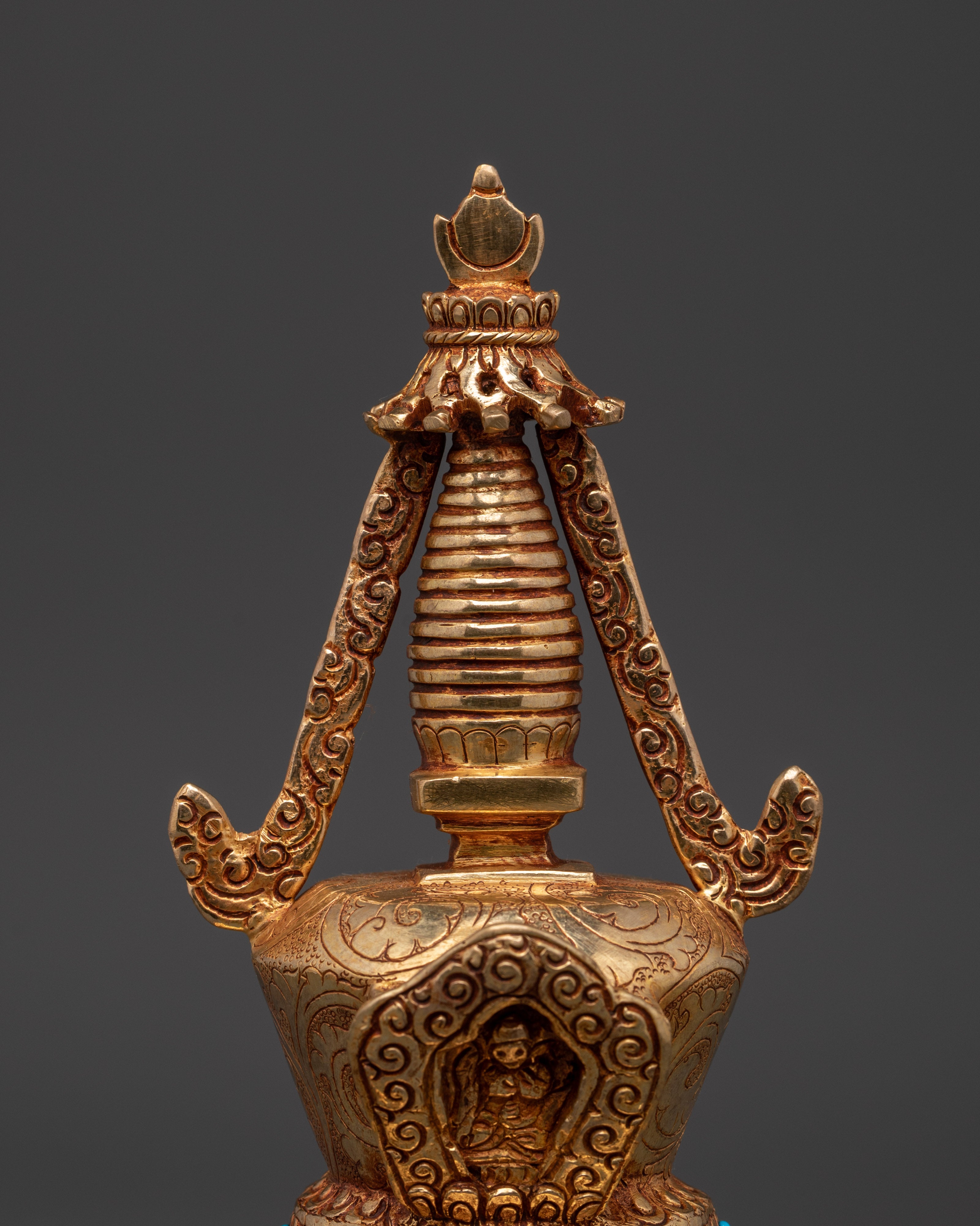 Tibetan Buddhist Stupa Statue | Gold-Plated Copper Chorten with Coral