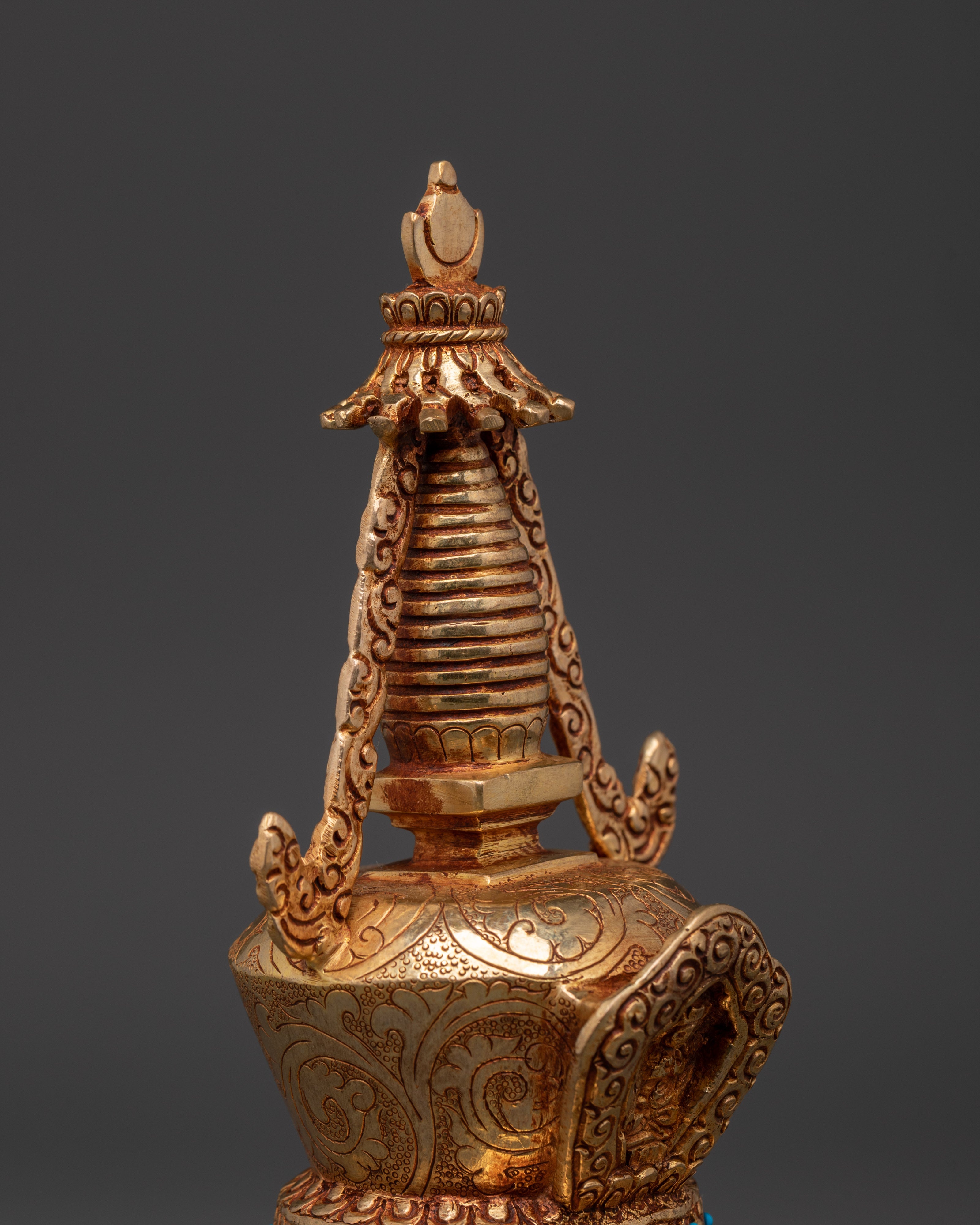 Tibetan Buddhist Stupa Statue | Gold-Plated Copper Chorten with Coral