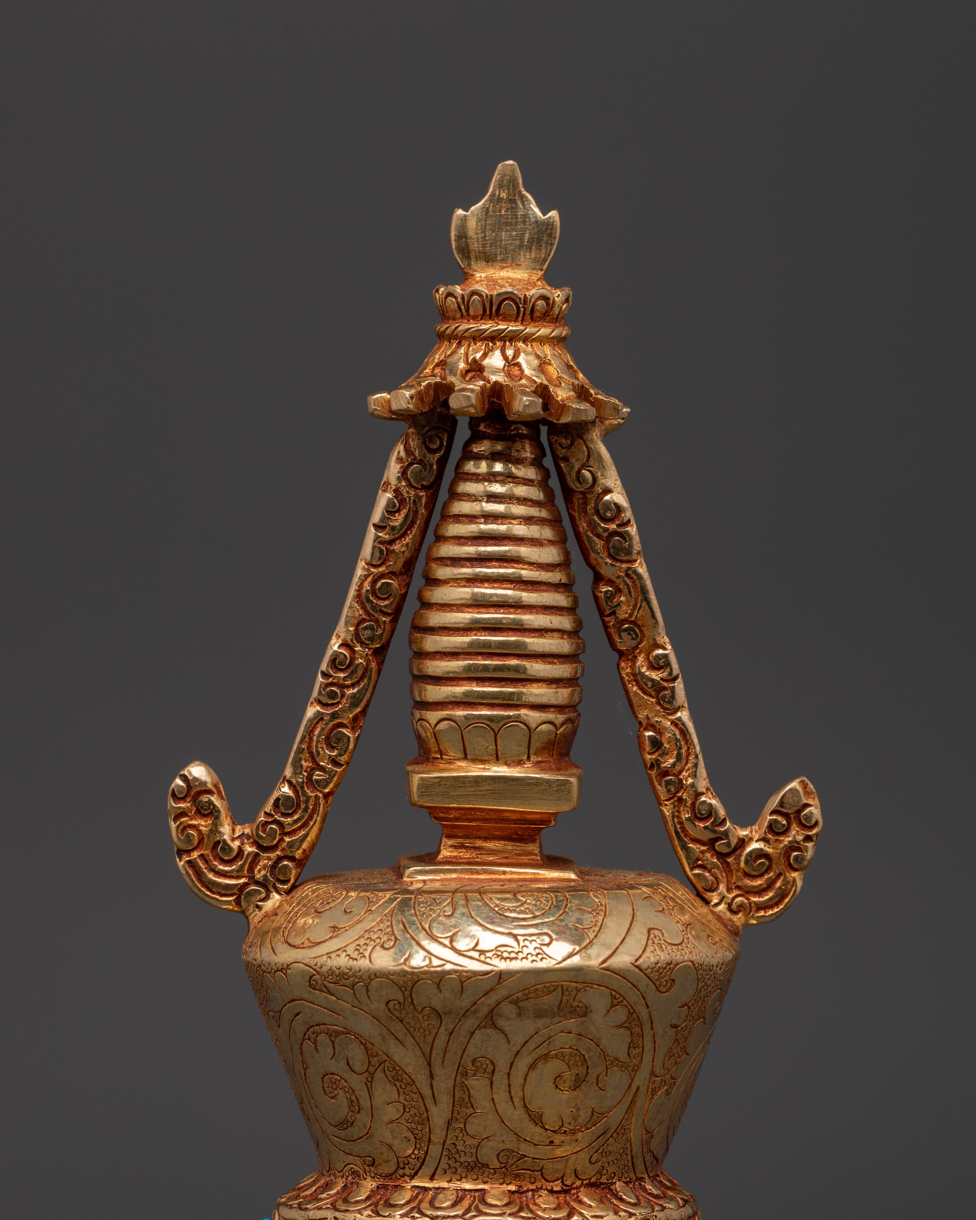 Tibetan Buddhist Stupa Statue | Gold-Plated Copper Chorten with Coral