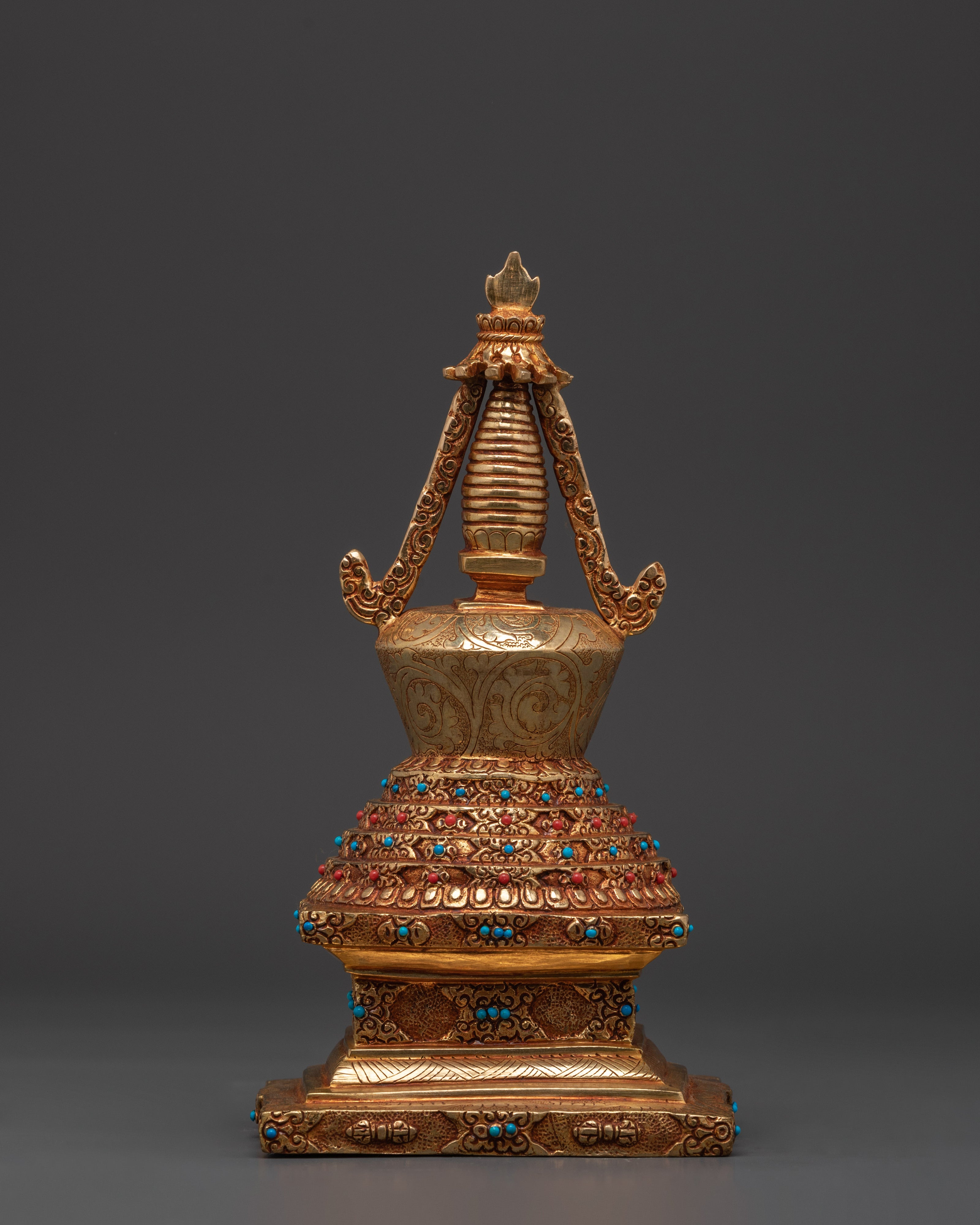 Tibetan Buddhist Stupa Statue | Gold-Plated Copper Chorten with Coral