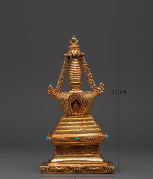 Tibetan Stupa Altar Statue | Gold-Plated Chorten with Coral & Turquoise Stone Inlay