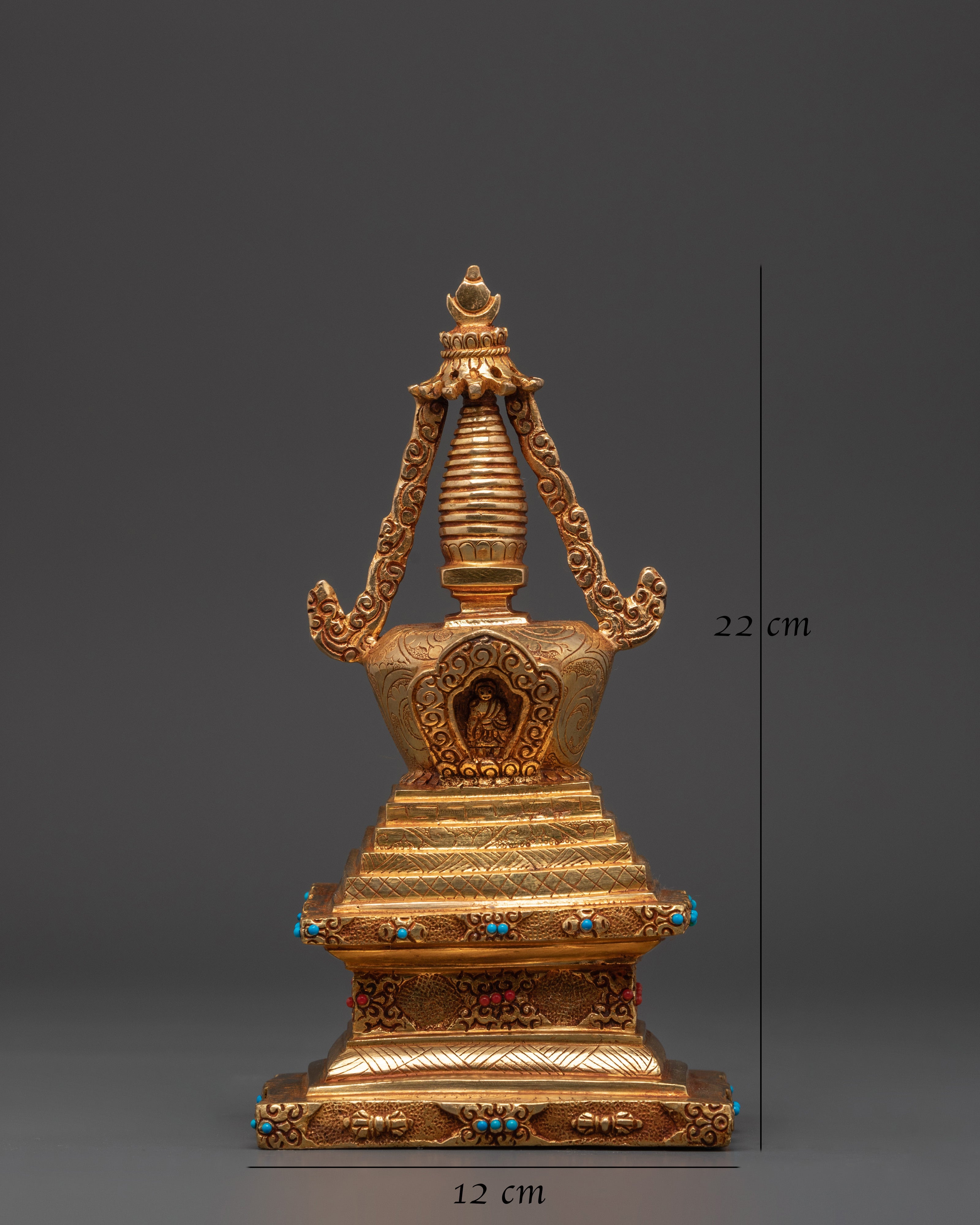 Tibetan Stupa Altar Statue | Gold-Plated Chorten with Coral & Turquoise Stone Inlay
