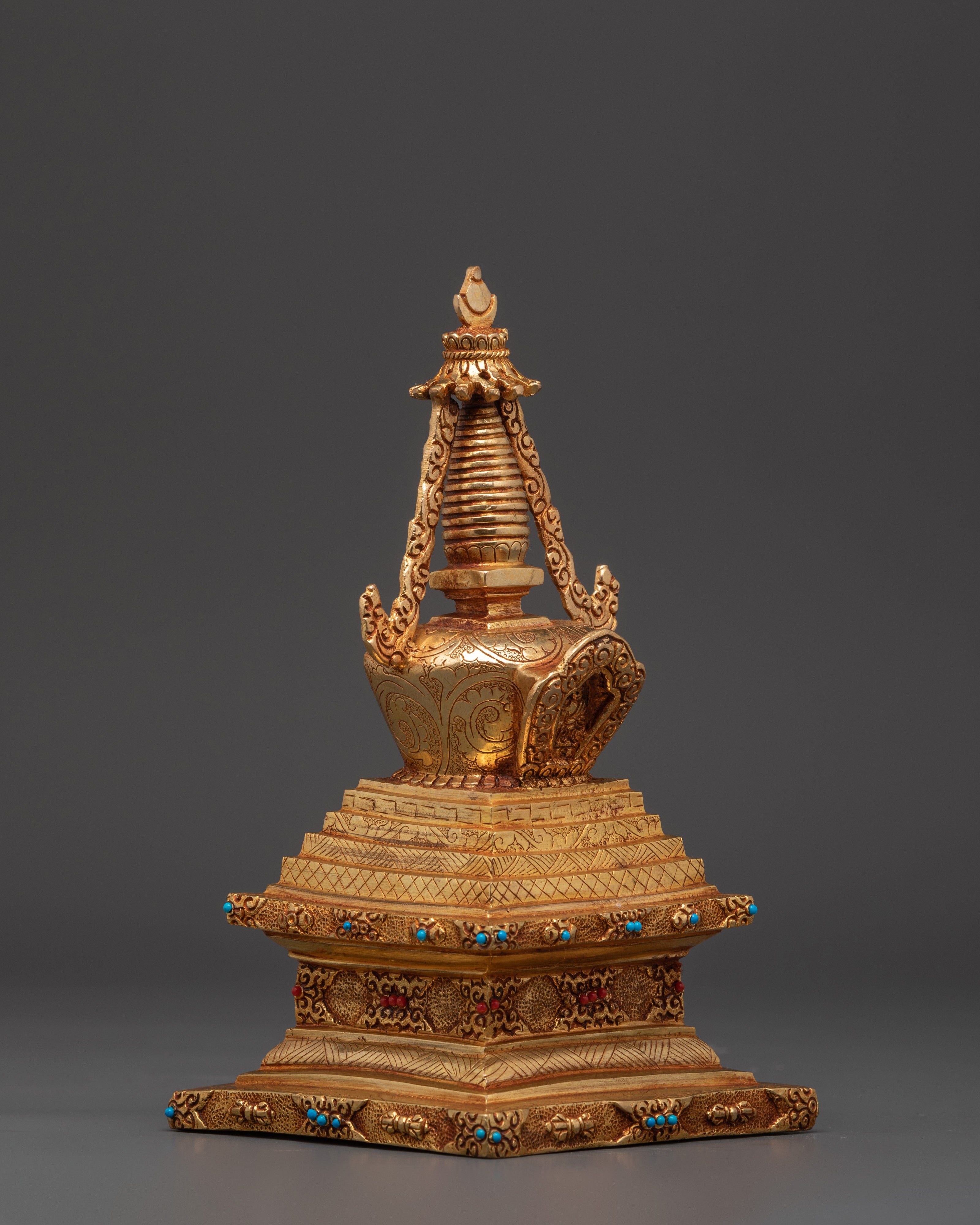 Tibetan Stupa Altar Statue | Gold-Plated Chorten with Coral & Turquoise Stone Inlay
