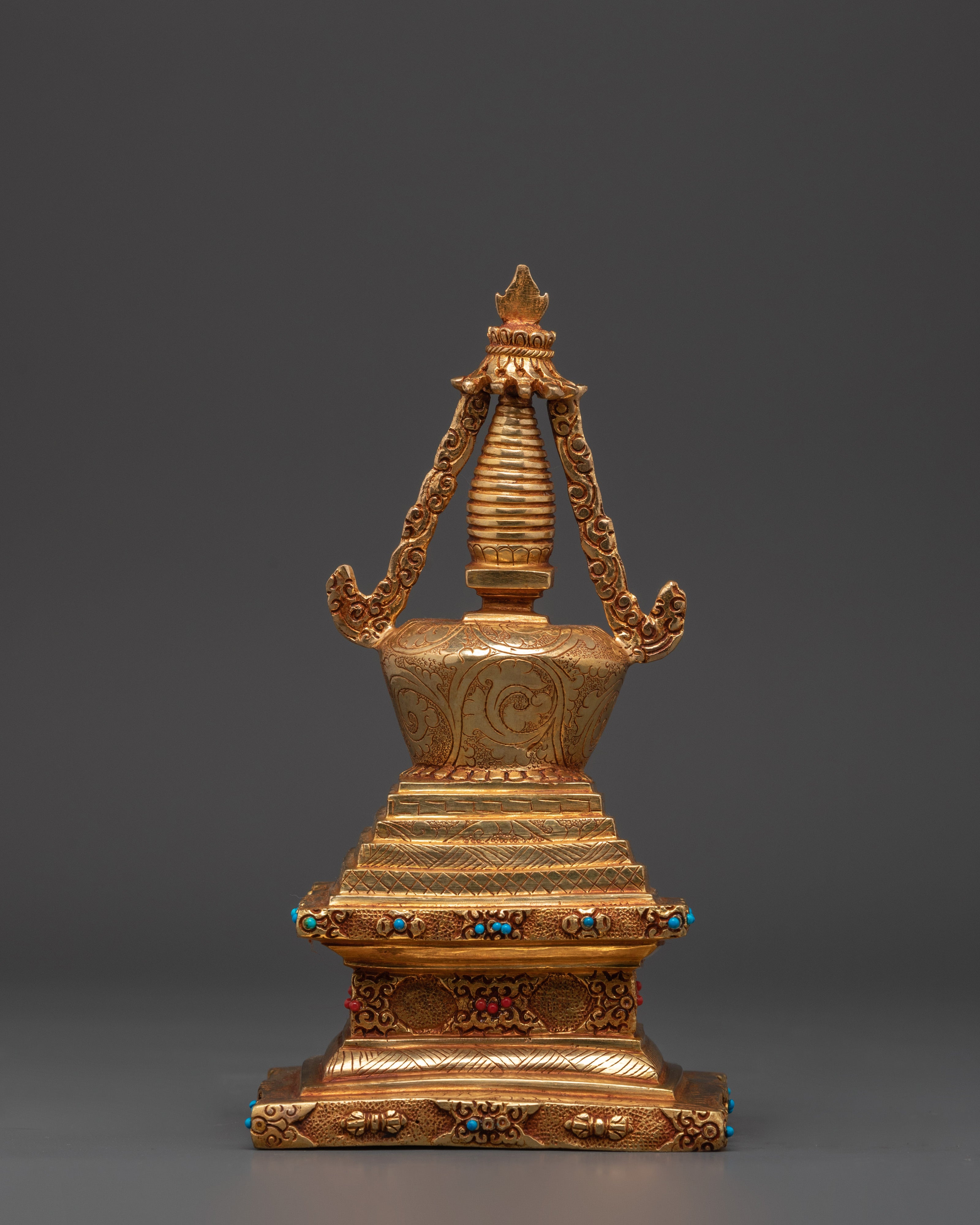 Tibetan Stupa Altar Statue | Gold-Plated Chorten with Coral & Turquoise Stone Inlay