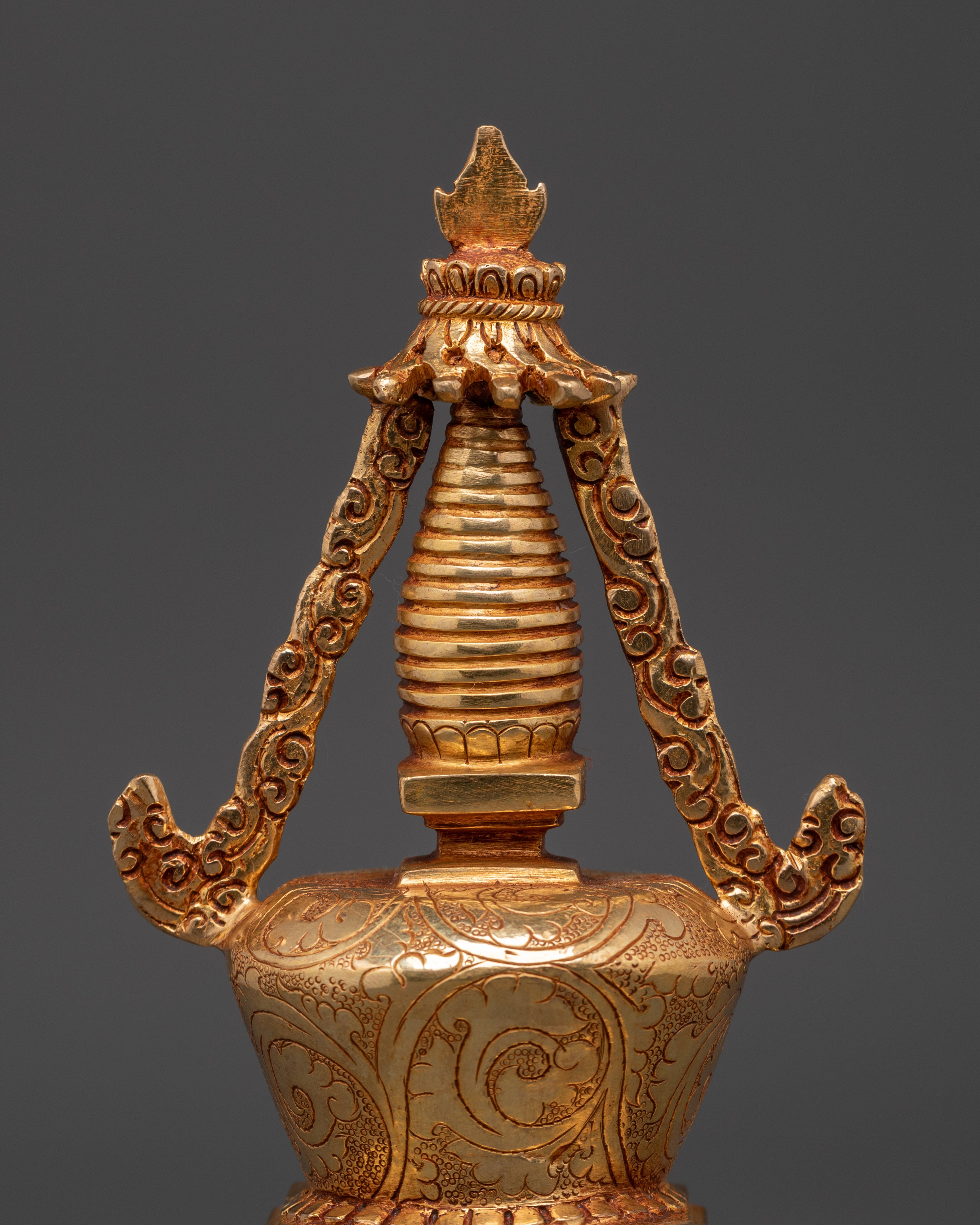 Tibetan Stupa Altar Statue | Gold-Plated Chorten with Coral & Turquoise Stone Inlay