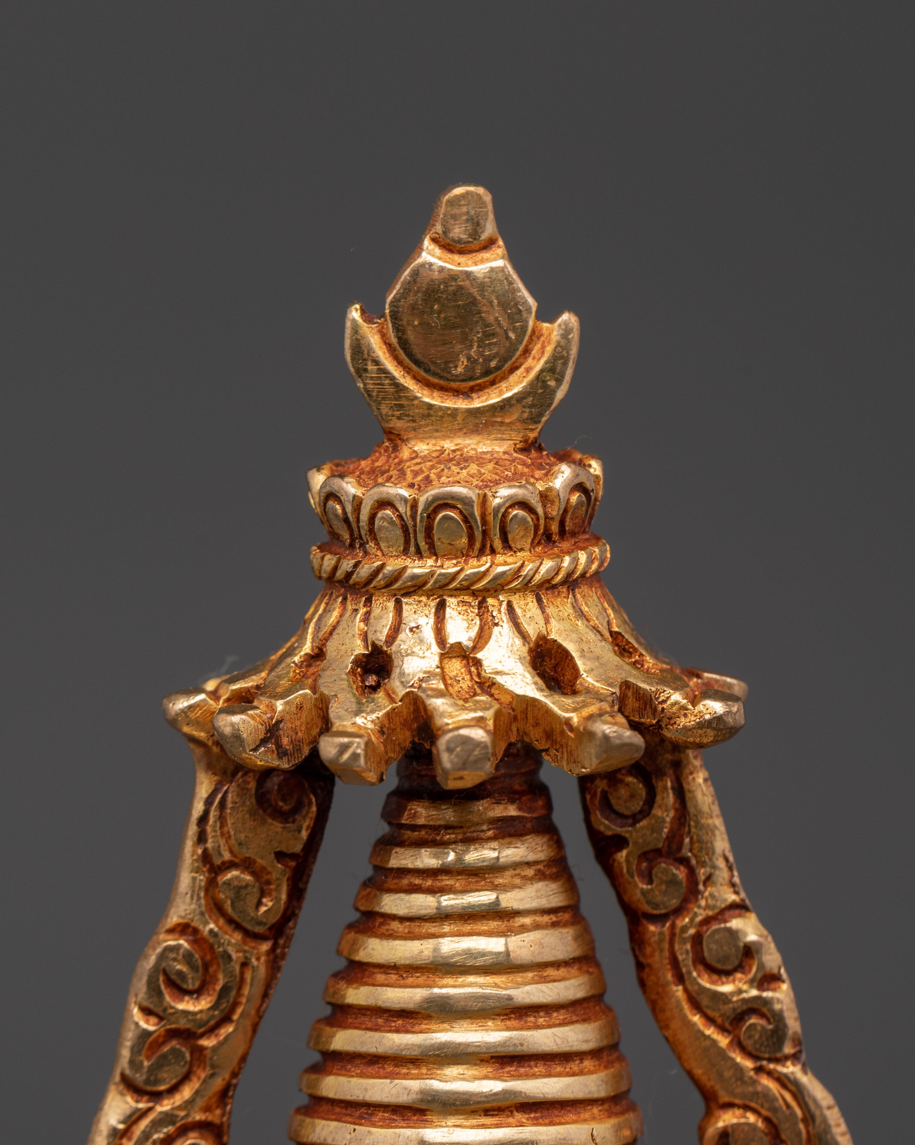 Tibetan Stupa Altar Statue | Gold-Plated Chorten with Coral & Turquoise Stone Inlay