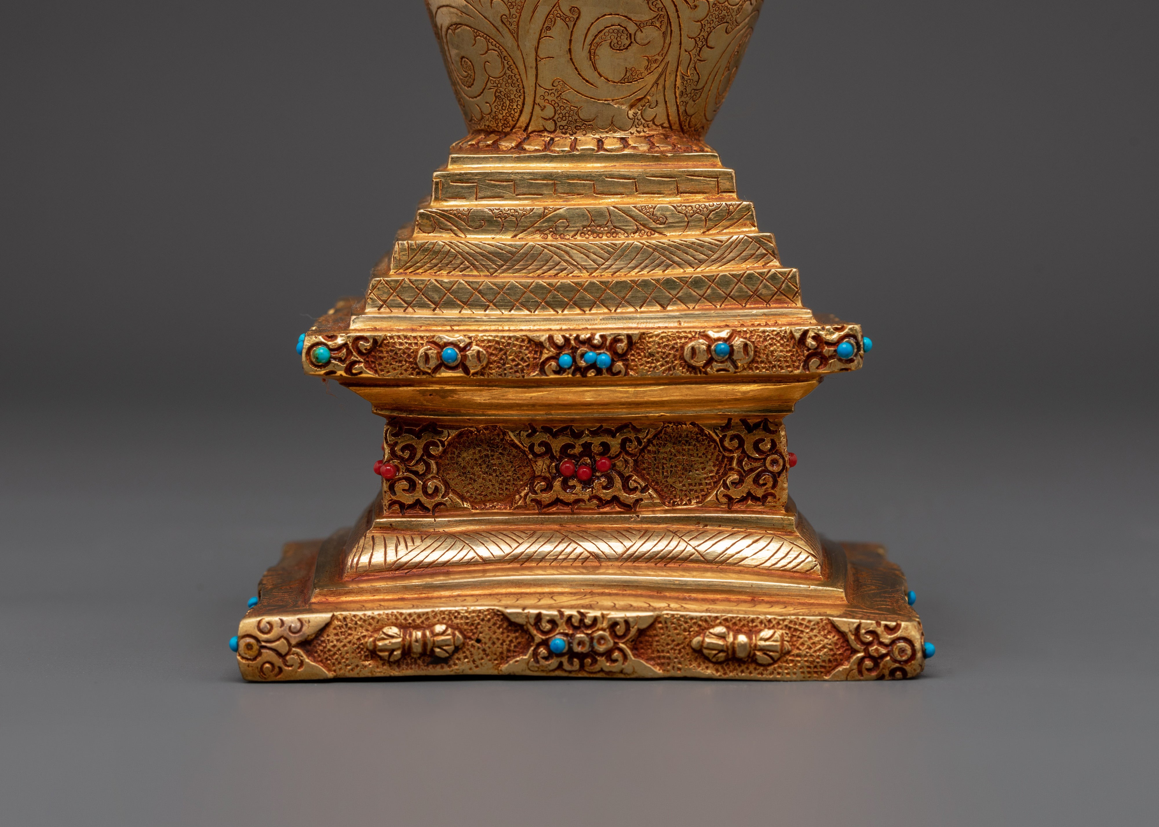 Tibetan Stupa Altar Statue | Gold-Plated Chorten with Coral & Turquoise Stone Inlay