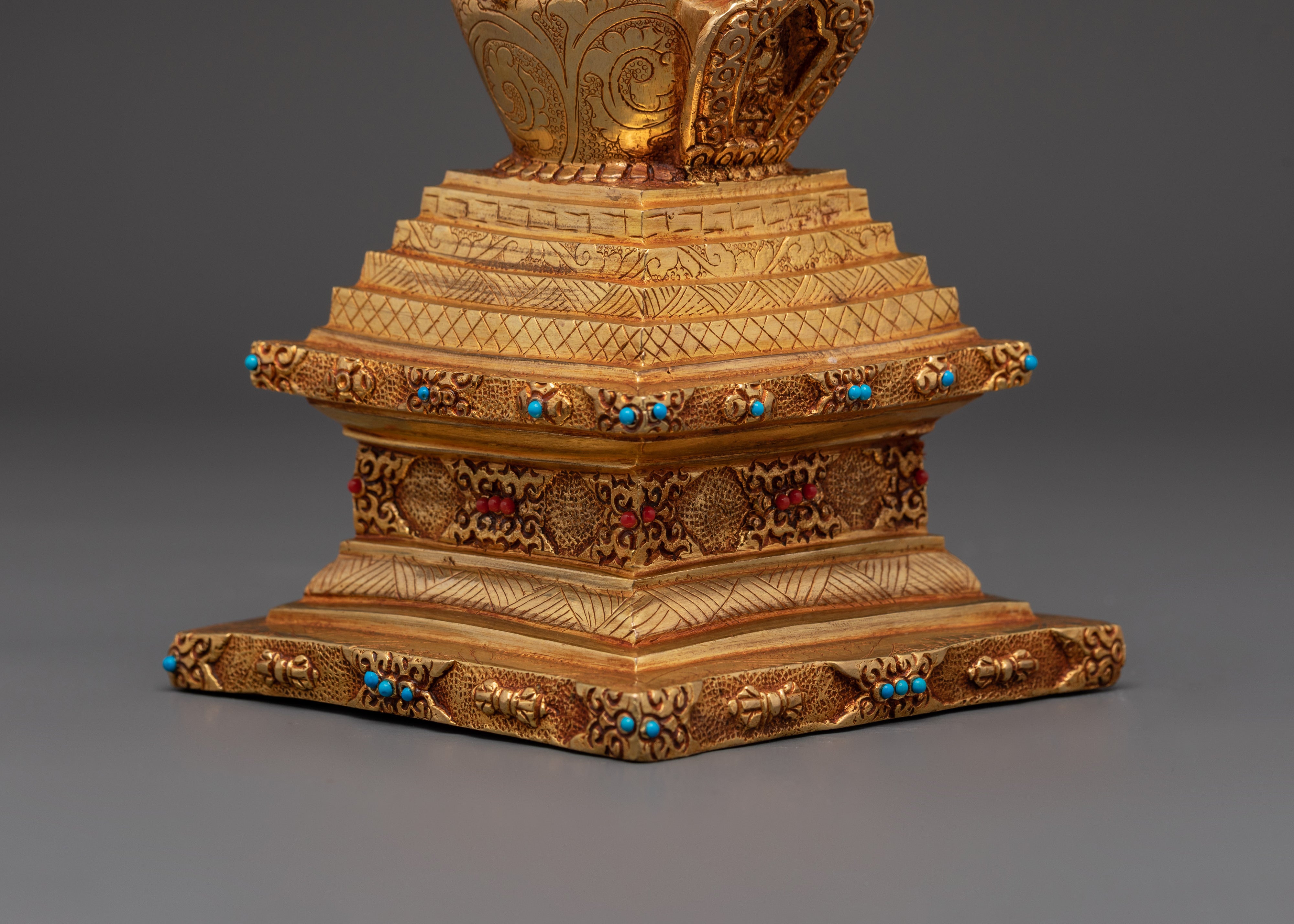 Tibetan Stupa Altar Statue | Gold-Plated Chorten with Coral & Turquoise Stone Inlay