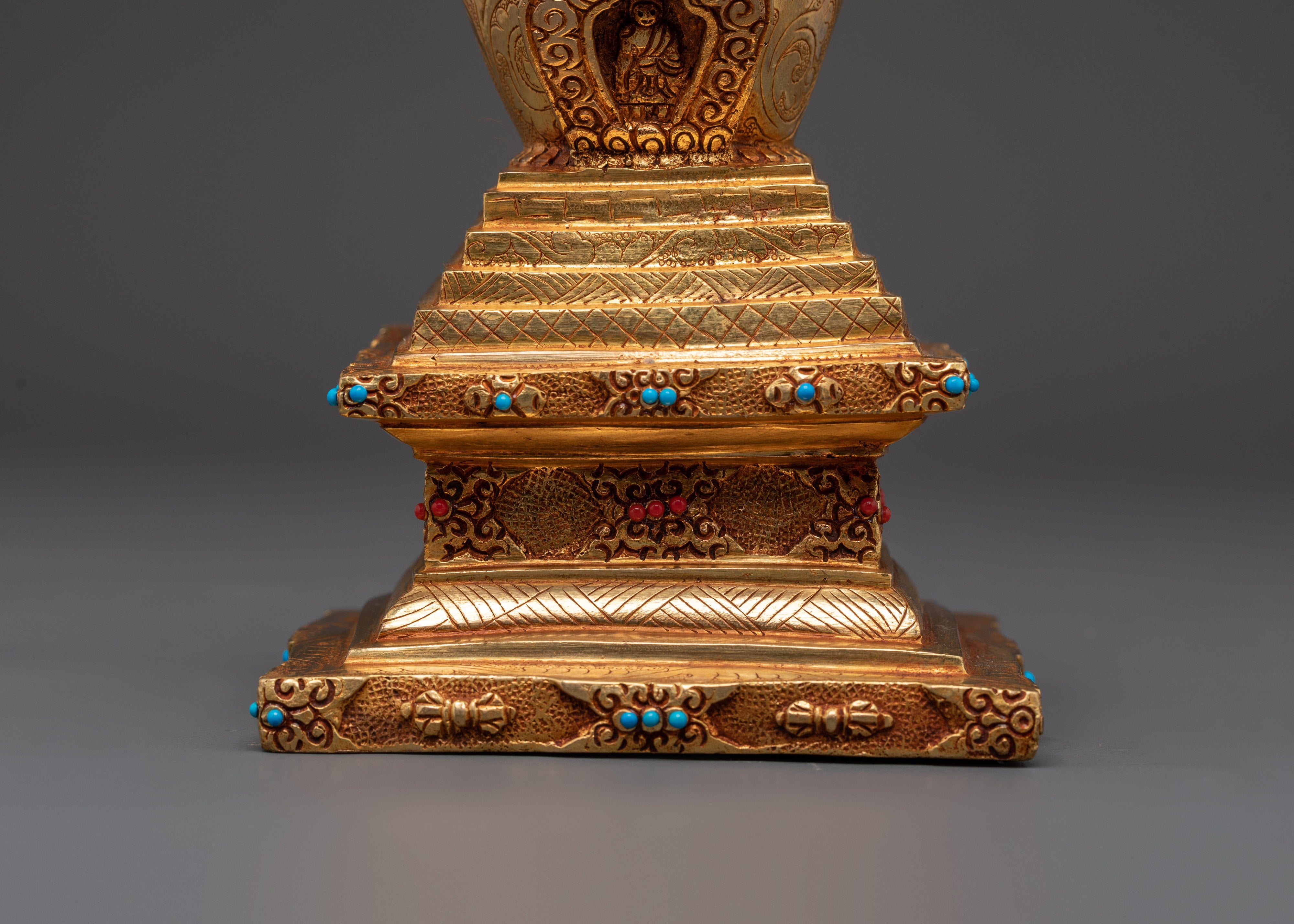 Tibetan Stupa Altar Statue | Gold-Plated Chorten with Coral & Turquoise Stone Inlay