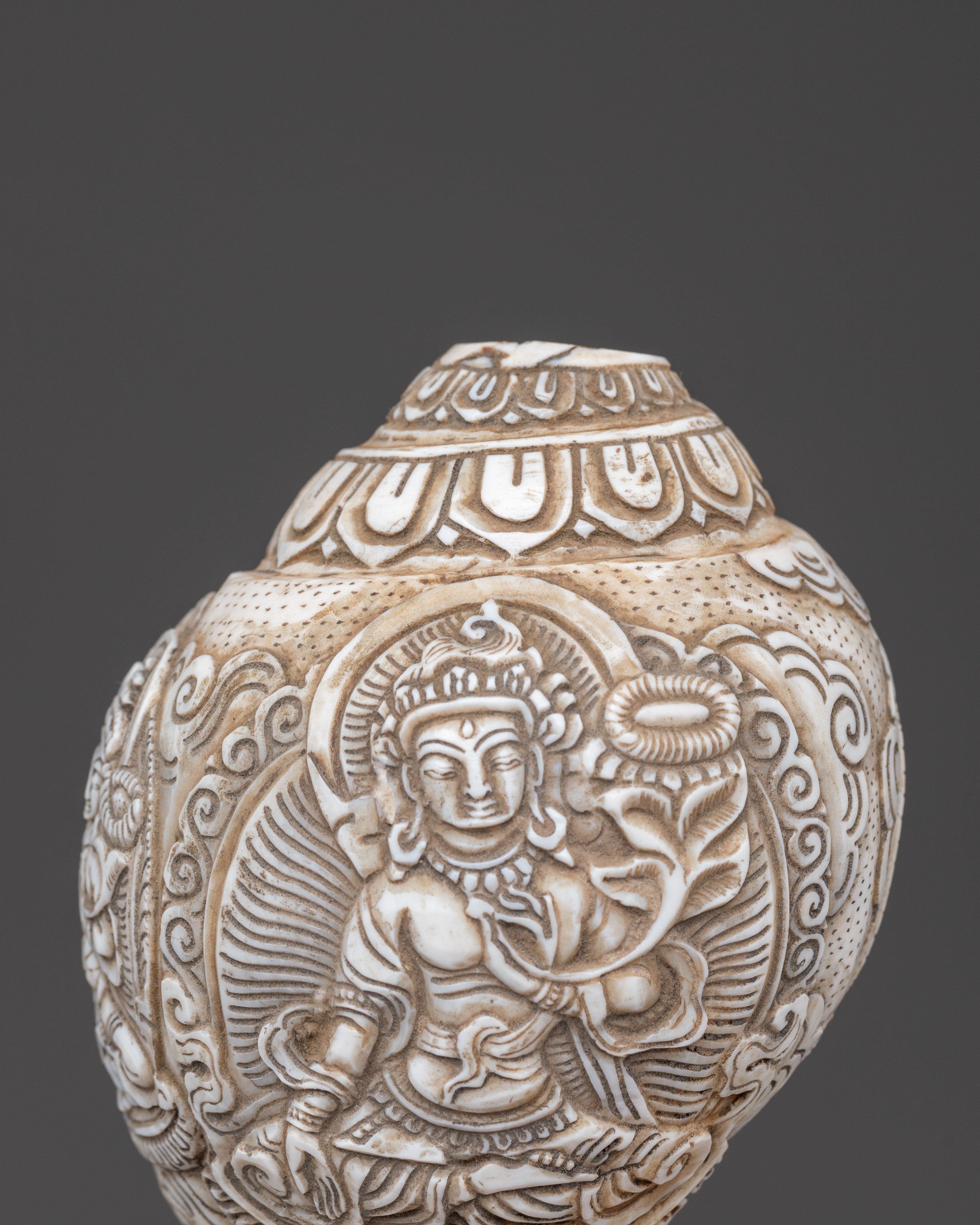 Hand-carved Avalokiteshvara Design Conch Shell | Sacred Buddhist Spiritual Artifact