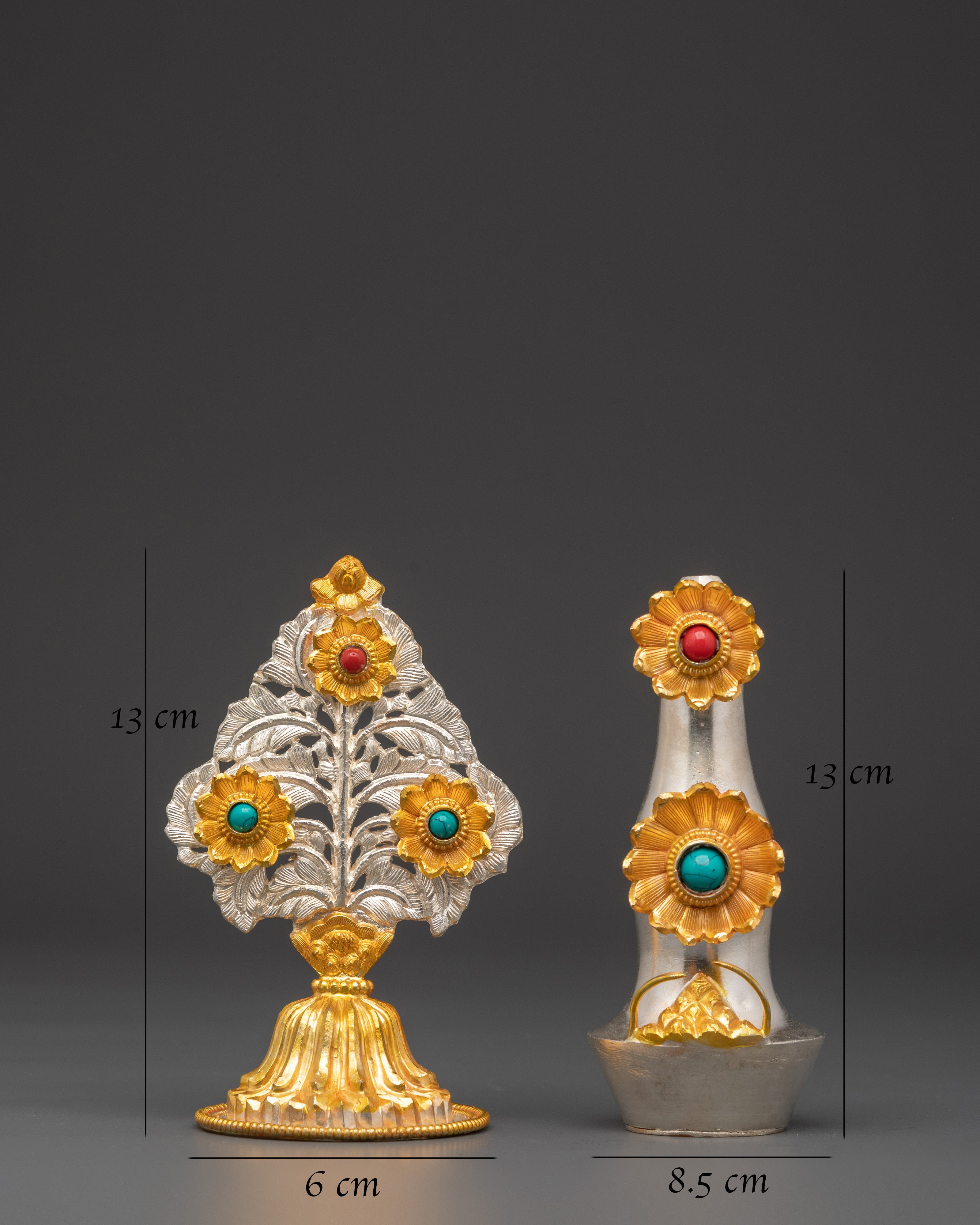 Handcrafted Tibetan Torma Set | Copper, Silver Plated with Coral & Turquoise Stones