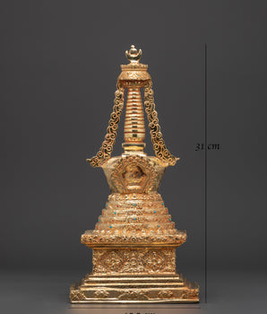 Gold-Plated Stupa Ritual Artifact | Handcrafted Copper Tibetan Stupa with Turquoise