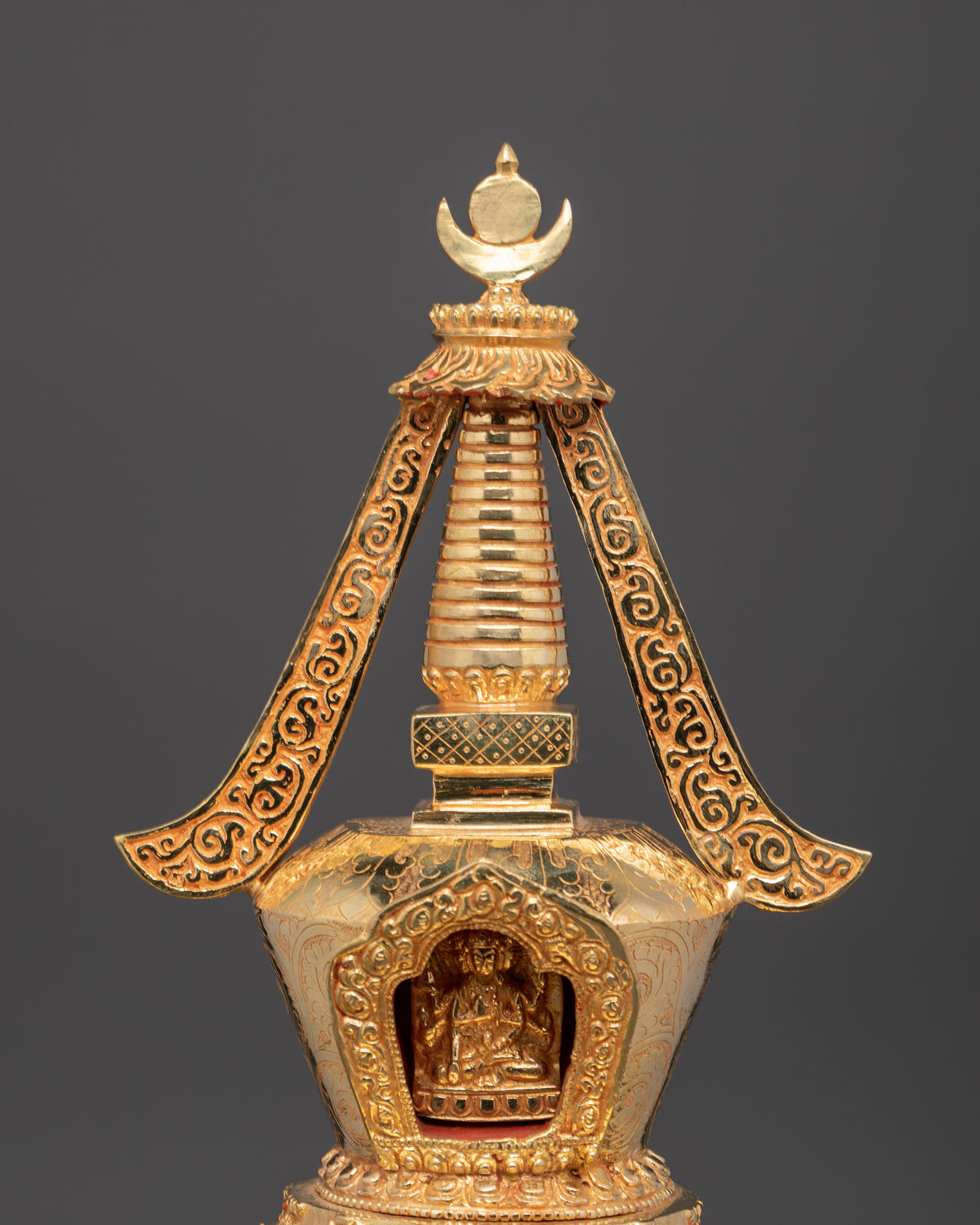 Tibetan Buddhist Stupa Sculpture | Gold Plated Copper Chorten