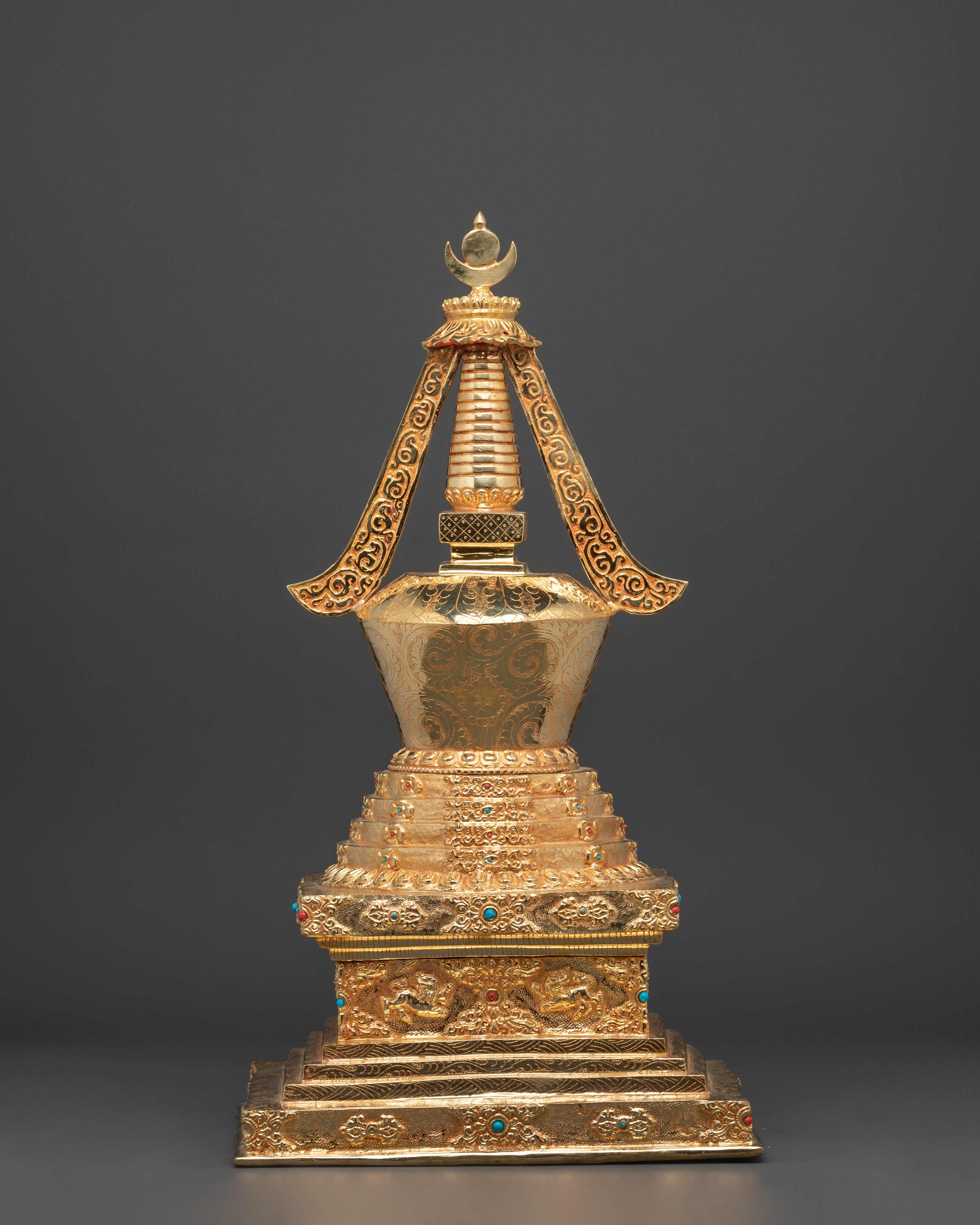 Tibetan Buddhist Stupa Sculpture | Gold Plated Copper Chorten