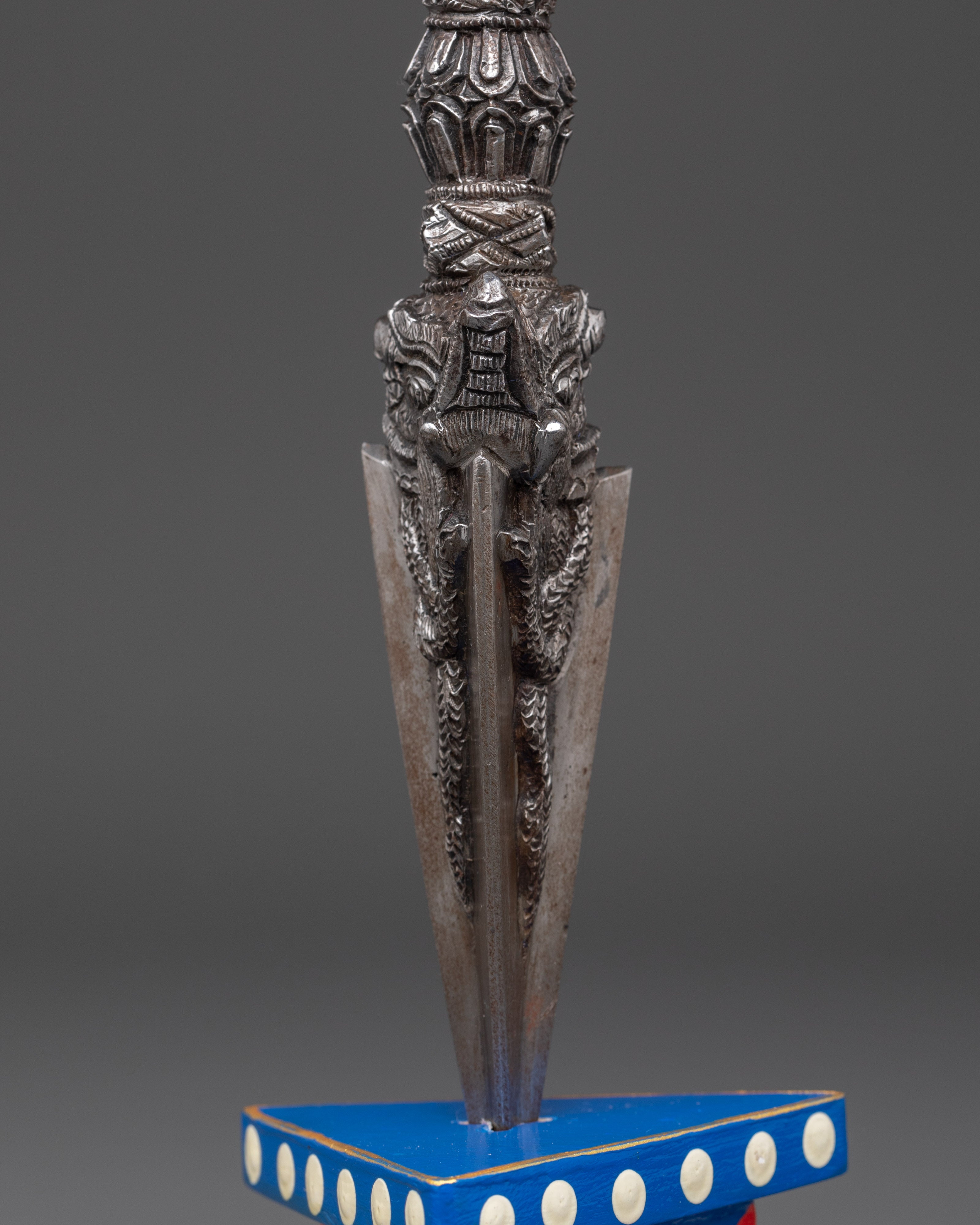 Three-Sided Phurba Dagger | Handmade Iron Ritual Dagger With Painted Wooden Base