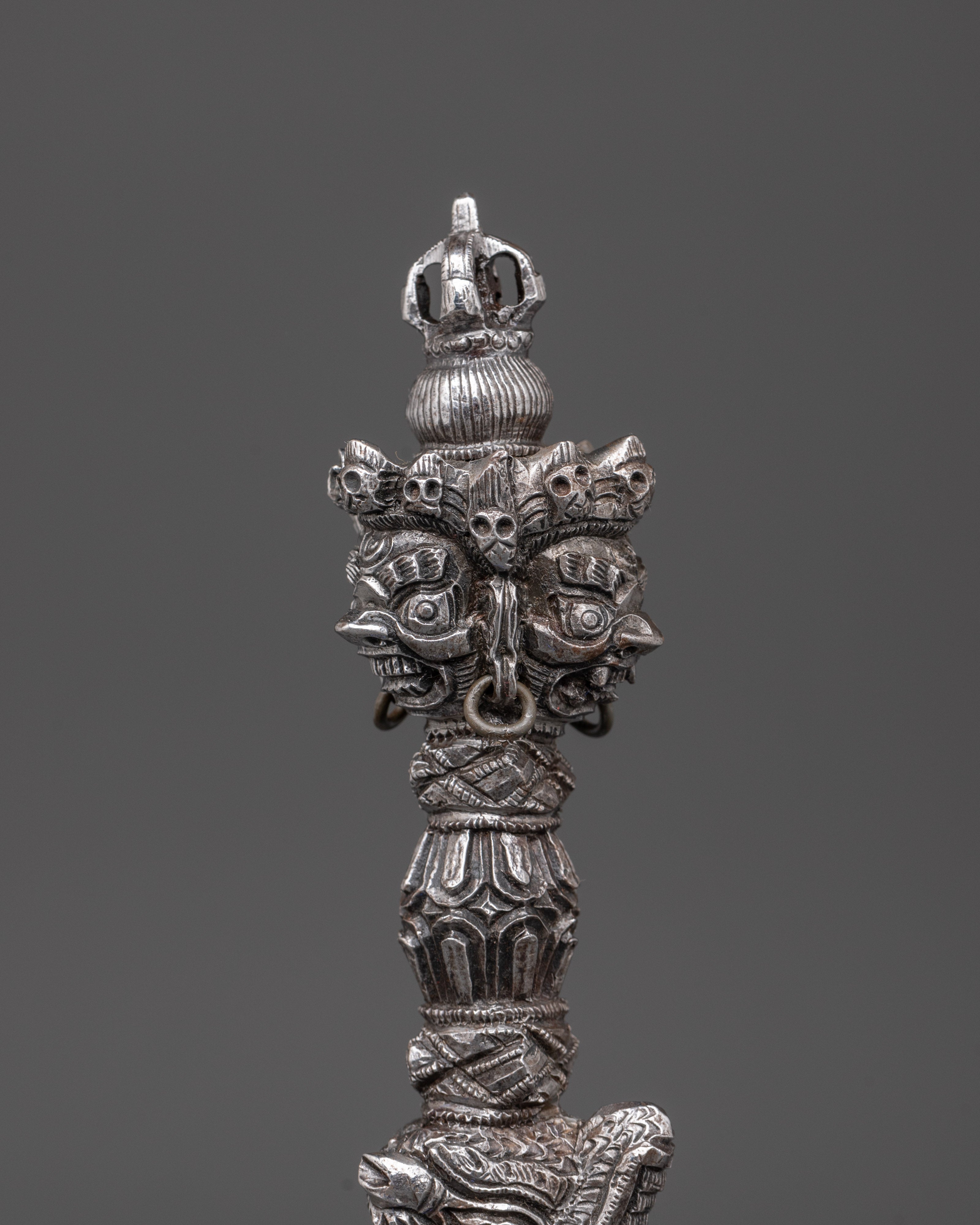 Three-Sided Phurba Dagger | Handmade Iron Ritual Dagger With Painted Wooden Base