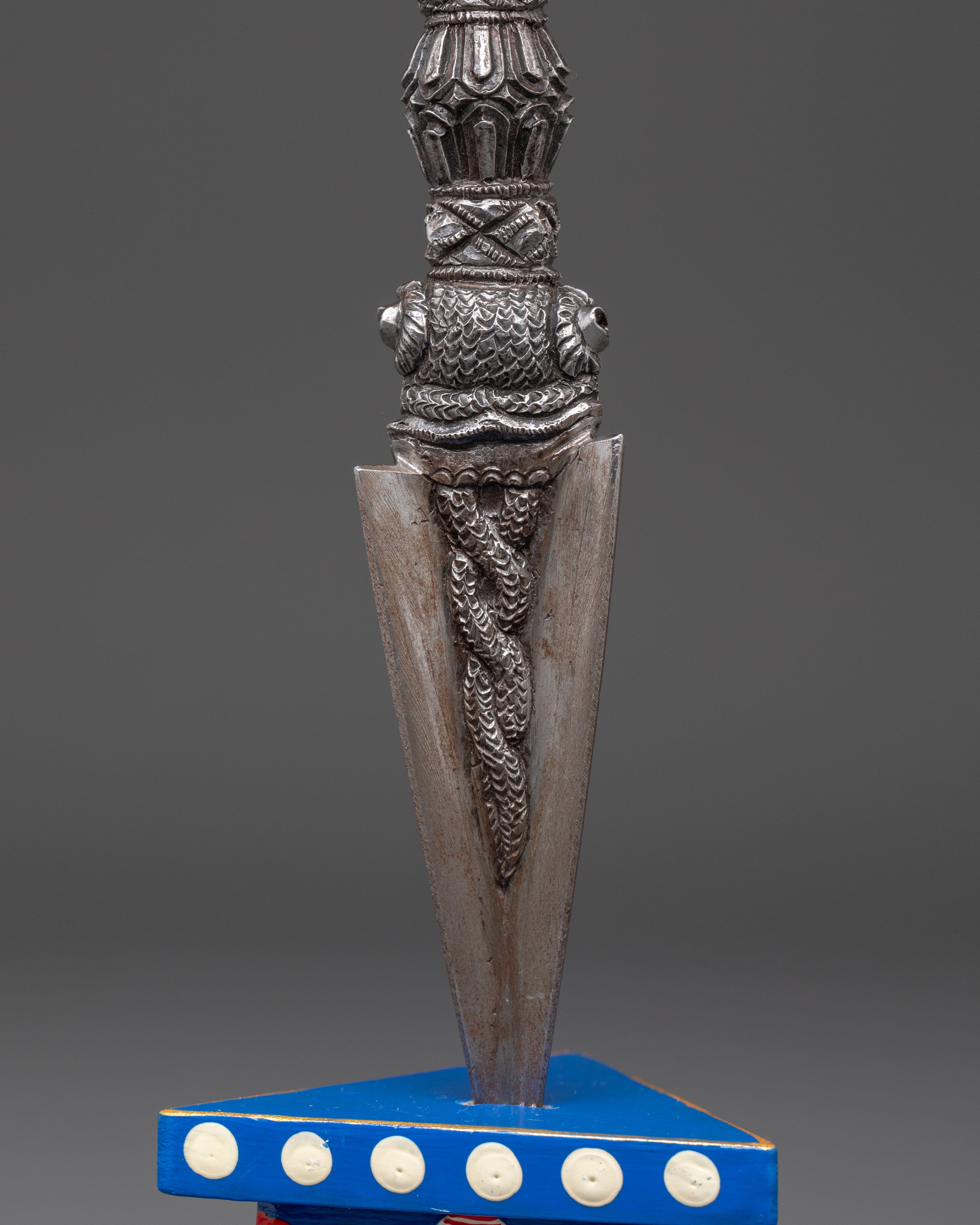 Three-Sided Phurba Dagger | Handmade Iron Ritual Dagger With Painted Wooden Base