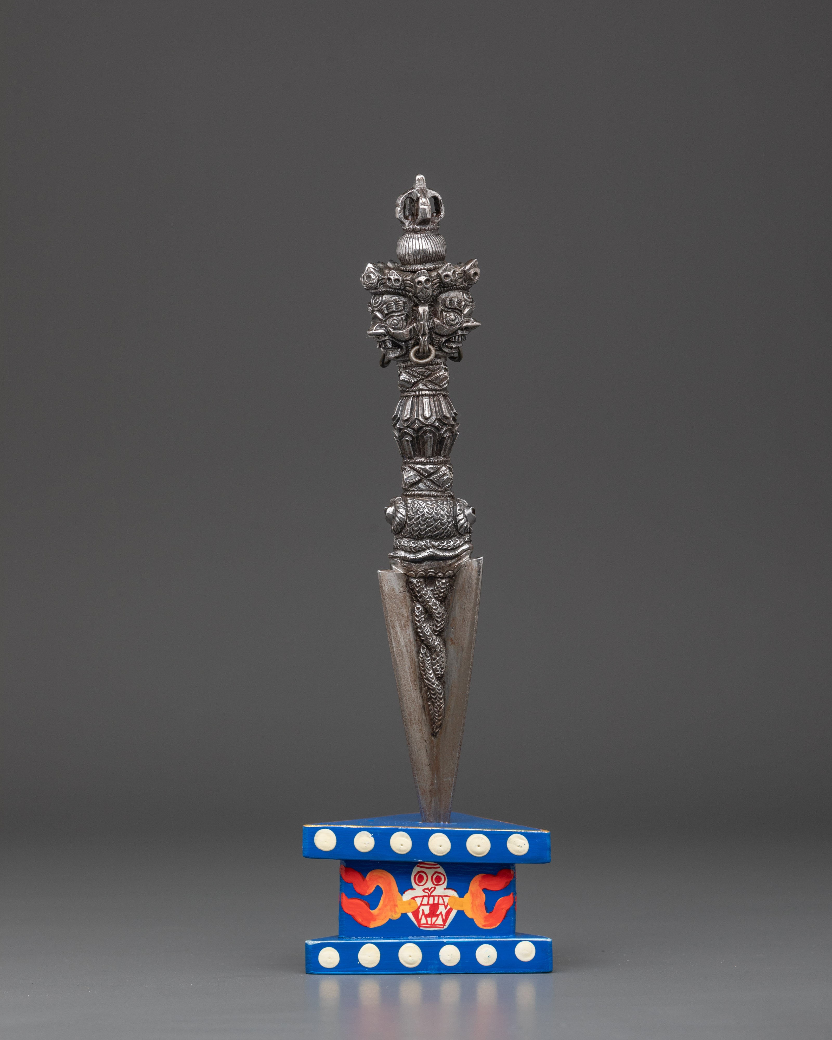Three-Sided Phurba Dagger | Handmade Iron Ritual Dagger With Painted Wooden Base
