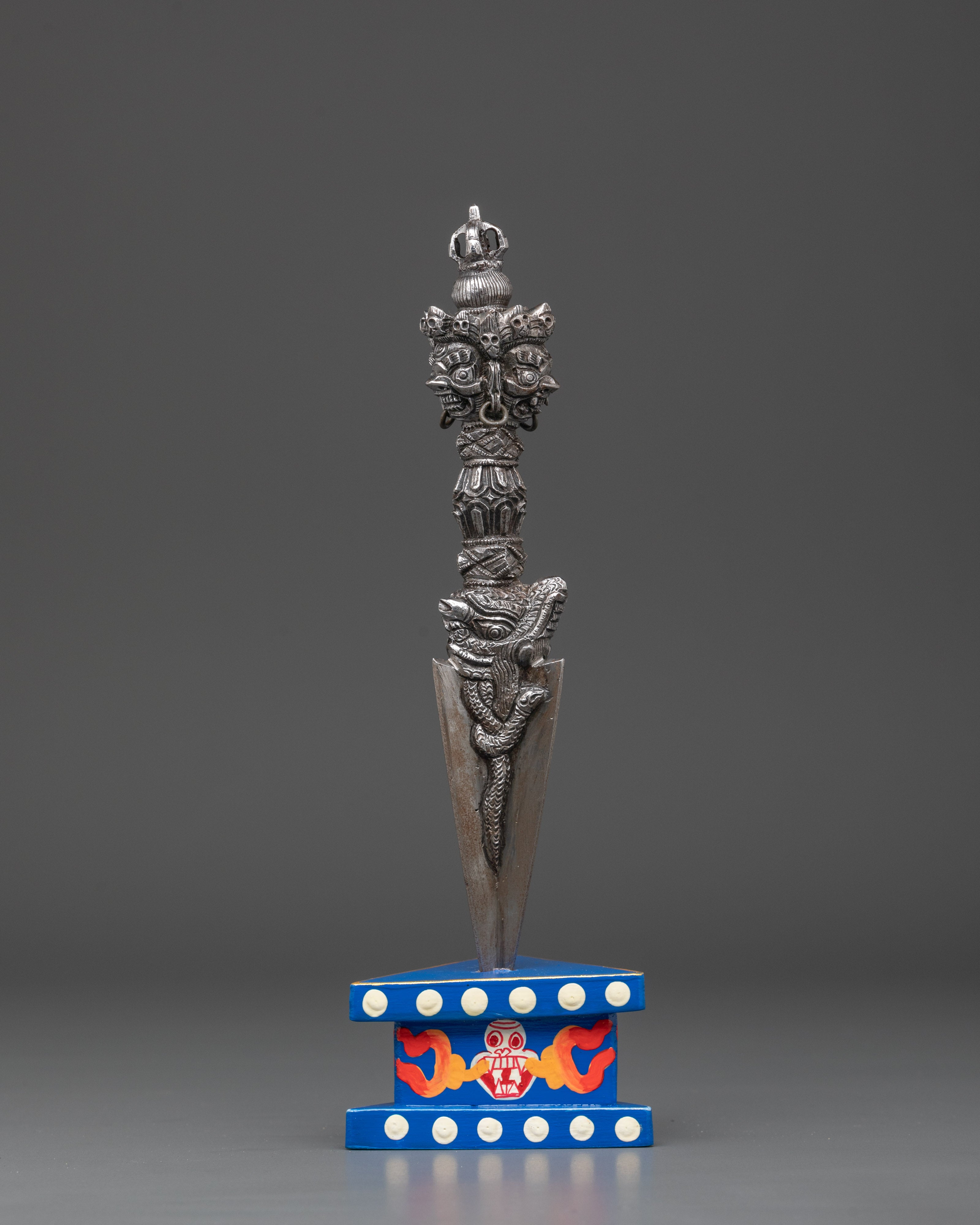 Three-Sided Phurba Dagger | Handmade Iron Ritual Dagger With Painted Wooden Base