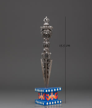 Three-Sided Phurba Dagger | Handmade Iron Ritual Dagger With Painted Wooden Base
