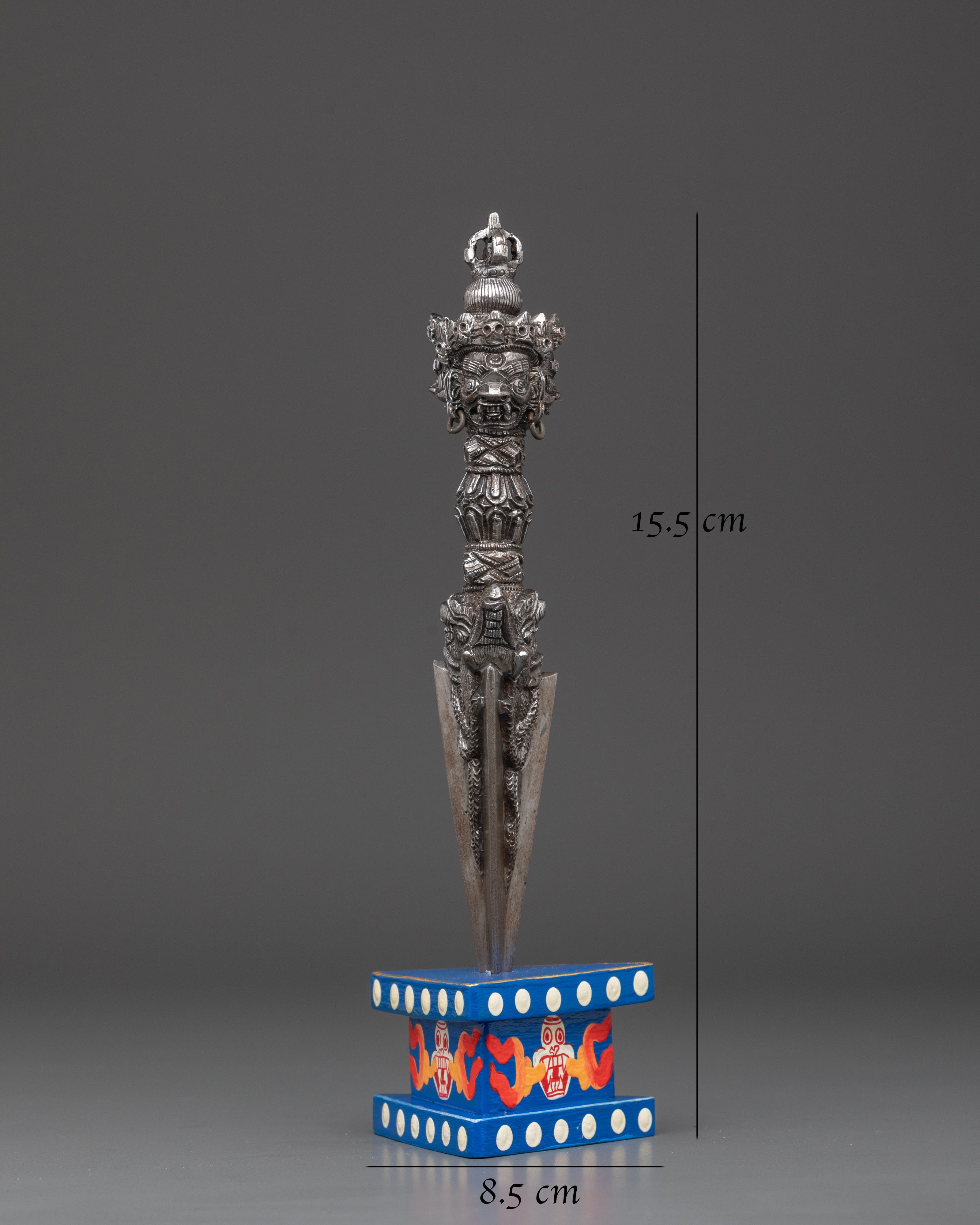 Three-Sided Phurba Dagger | Handmade Iron Ritual Dagger With Painted Wooden Base