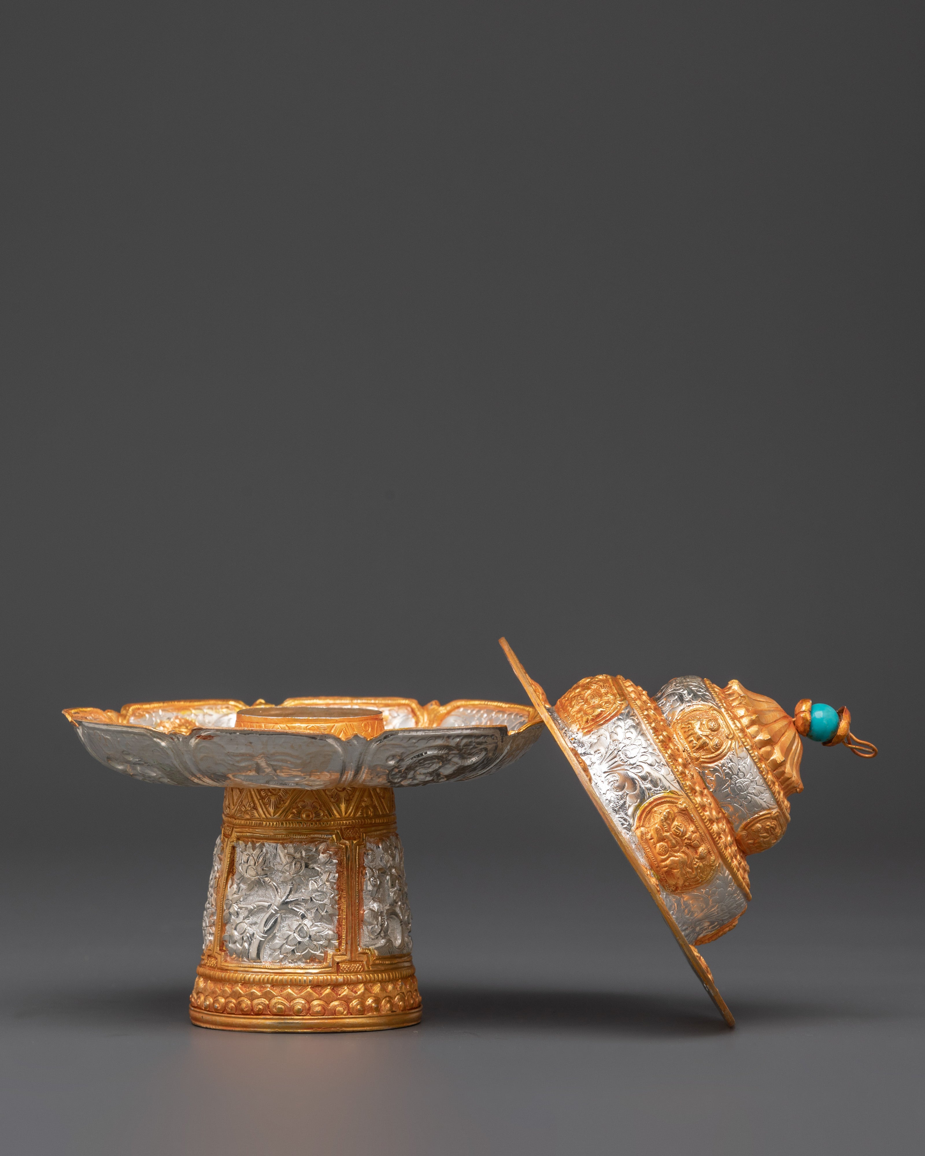 Handcrafted Tibetan White Metal Tea Cup with Turquoise Detail