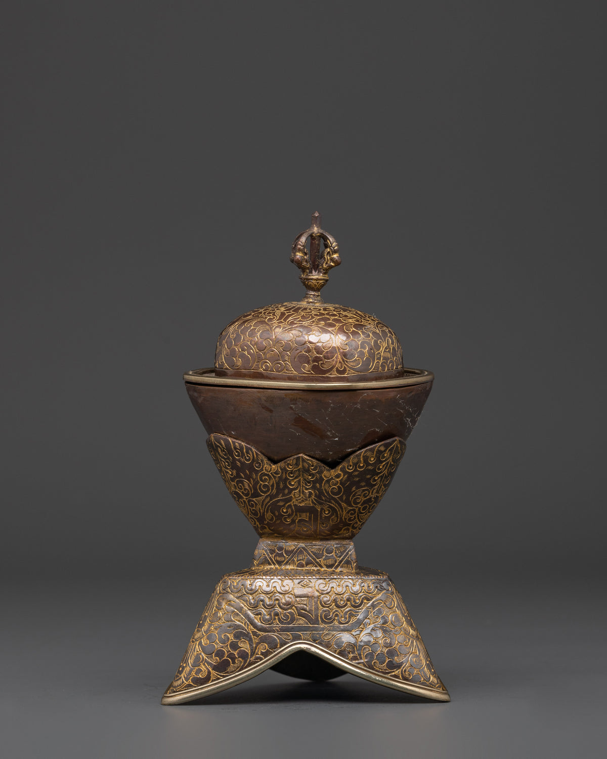Tibetan Kapala Set for Buddhist Rituals | Oxidized Copper Skull Cup with Vajra Lid