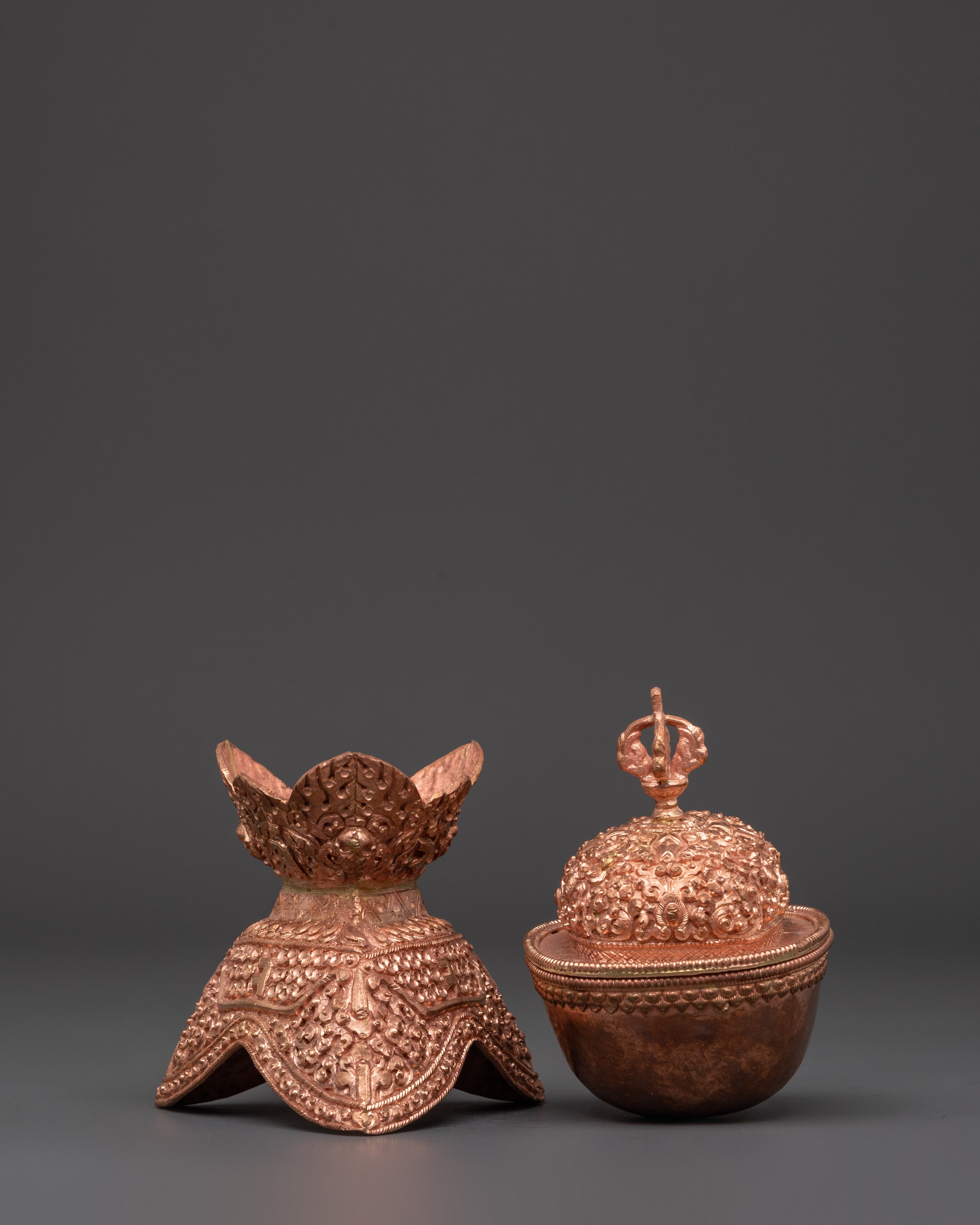 Copper Kapala Set with Lid & Base | Pair of Tibetan Ritual Skull Cups for Offerings