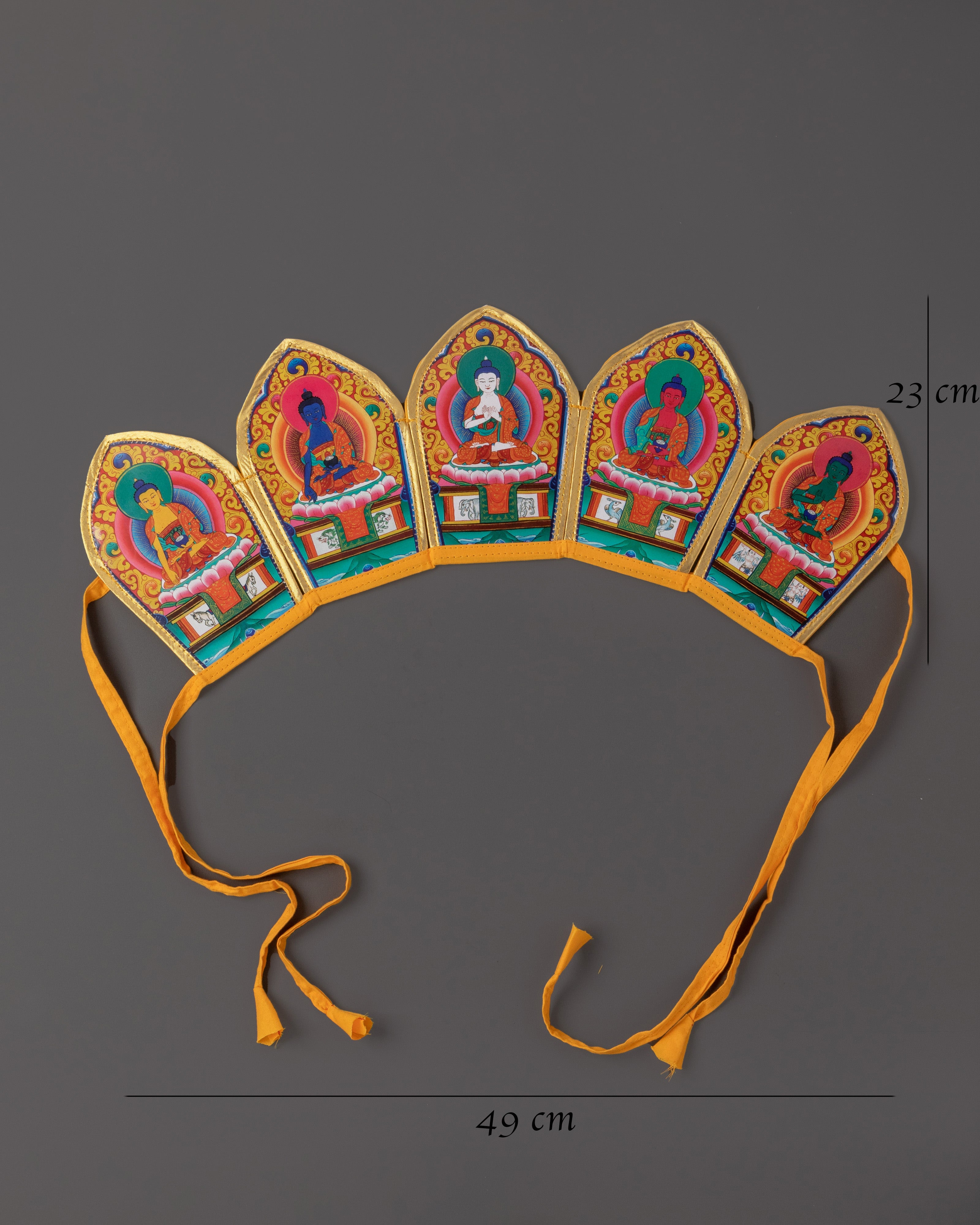 Five Dhyani Buddhas Ritual Crown | Tibetan Buddhist Headpiece in Cloth for Puja
