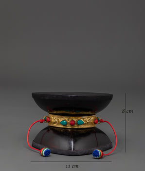 Handheld Acacia Wood Damaru | Tibetan Ritual Drum with Gold Plated