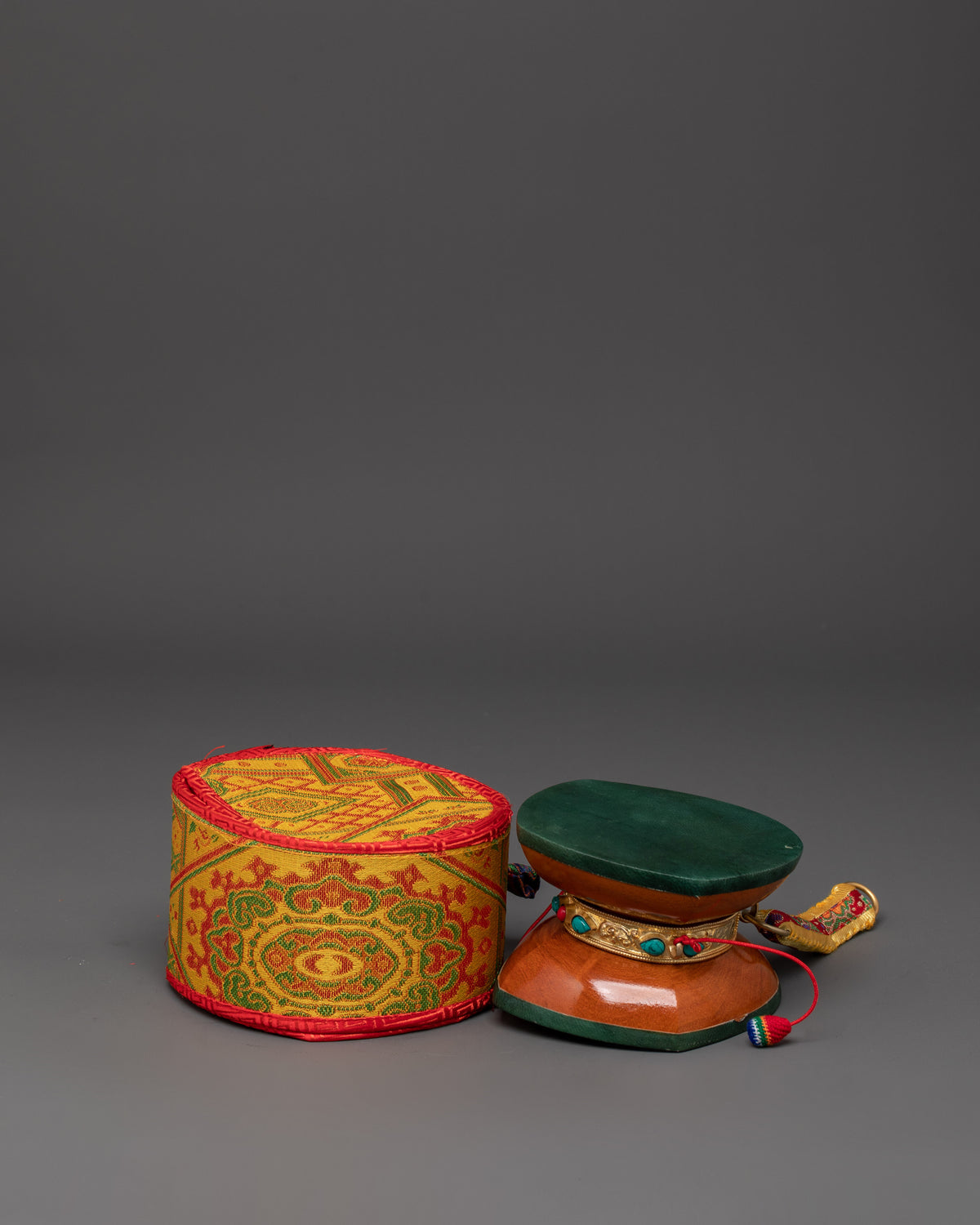 Tibetan Drum with Gold-Plated Copper | Tibetan Instrument for Sacred Rituals