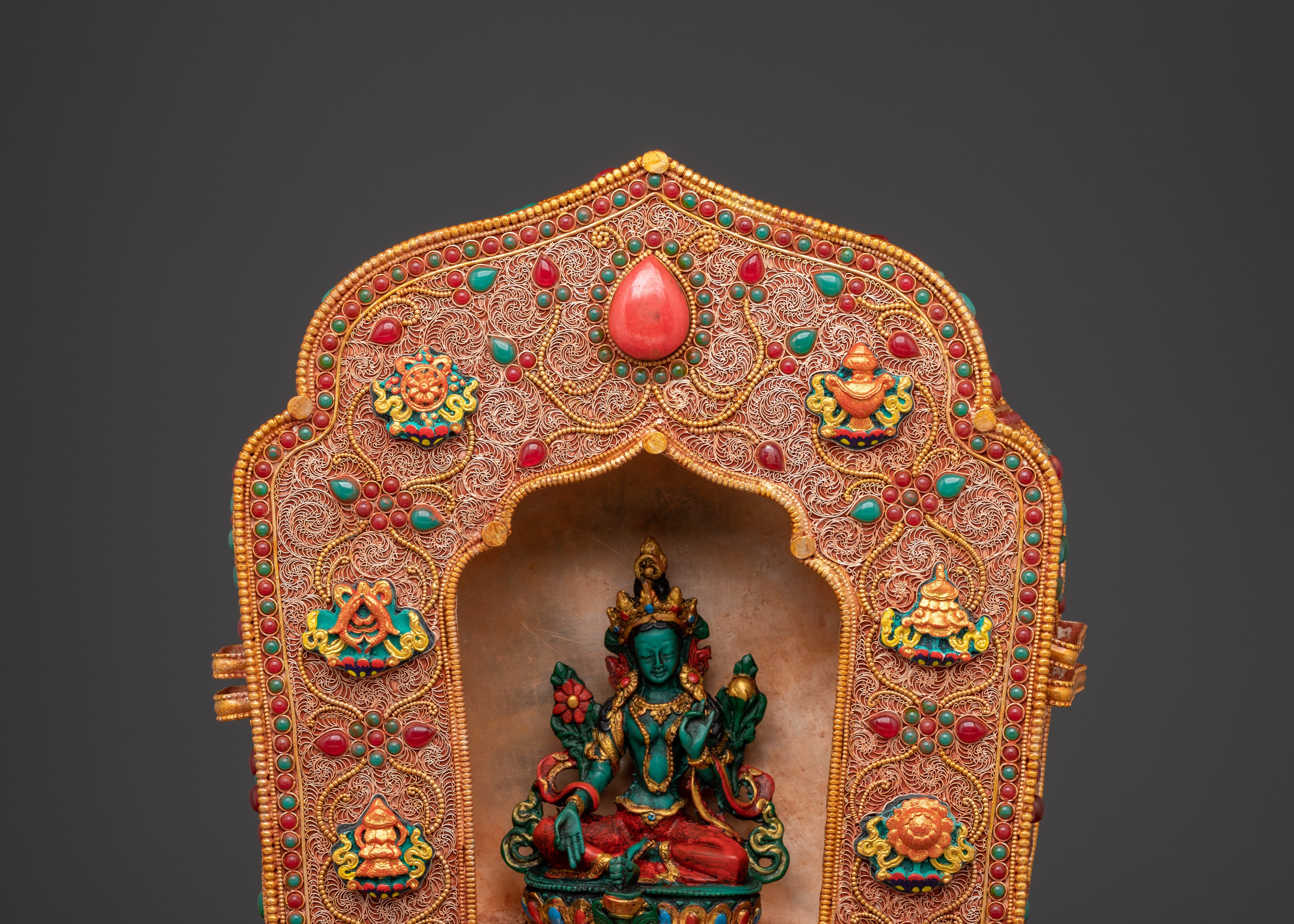 Ghau Box with Green Tara Statue | Tibetan Sacred Altar Decor & Meditation Gift