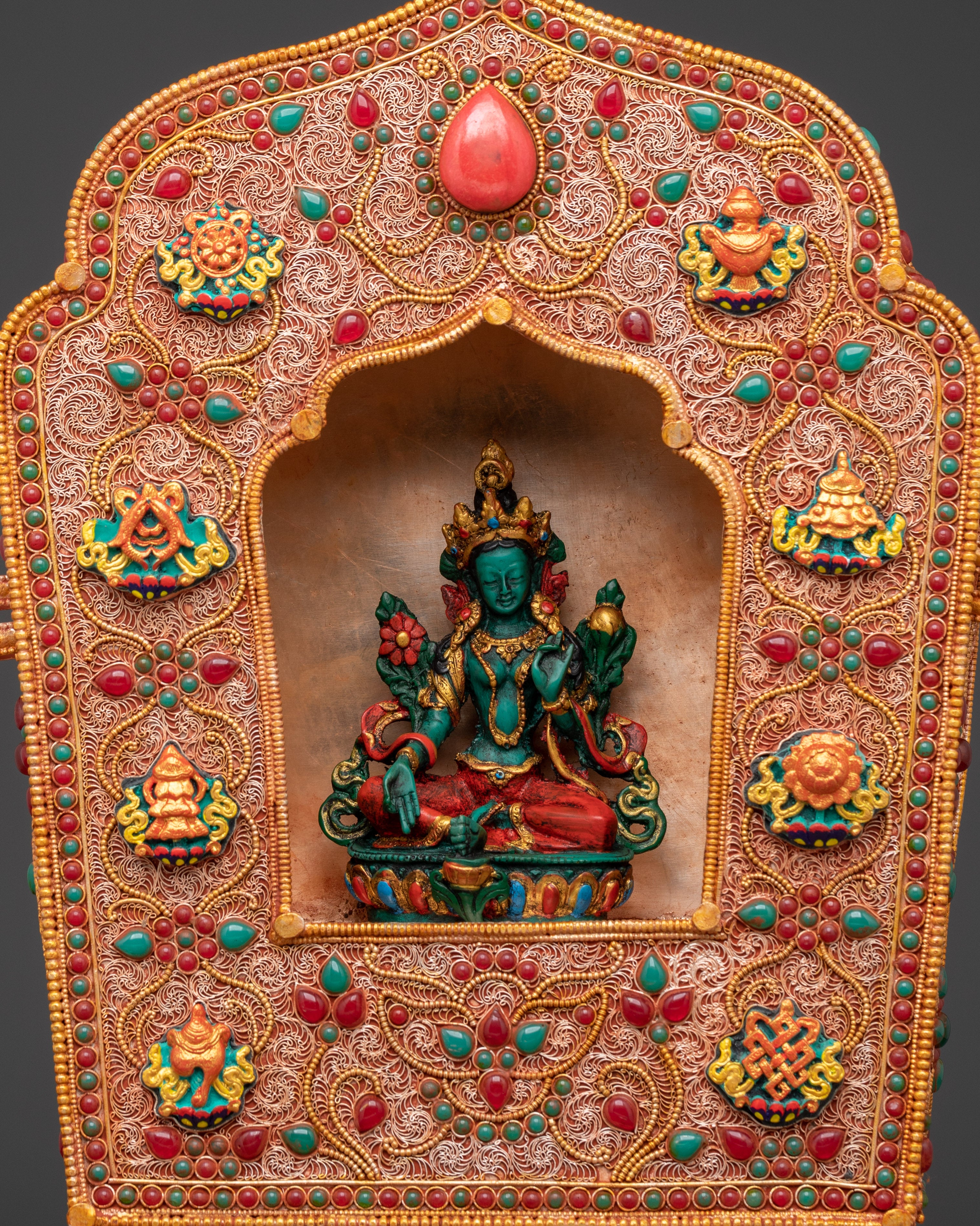 Ghau Box with Green Tara Statue | Tibetan Sacred Altar Decor & Meditation Gift