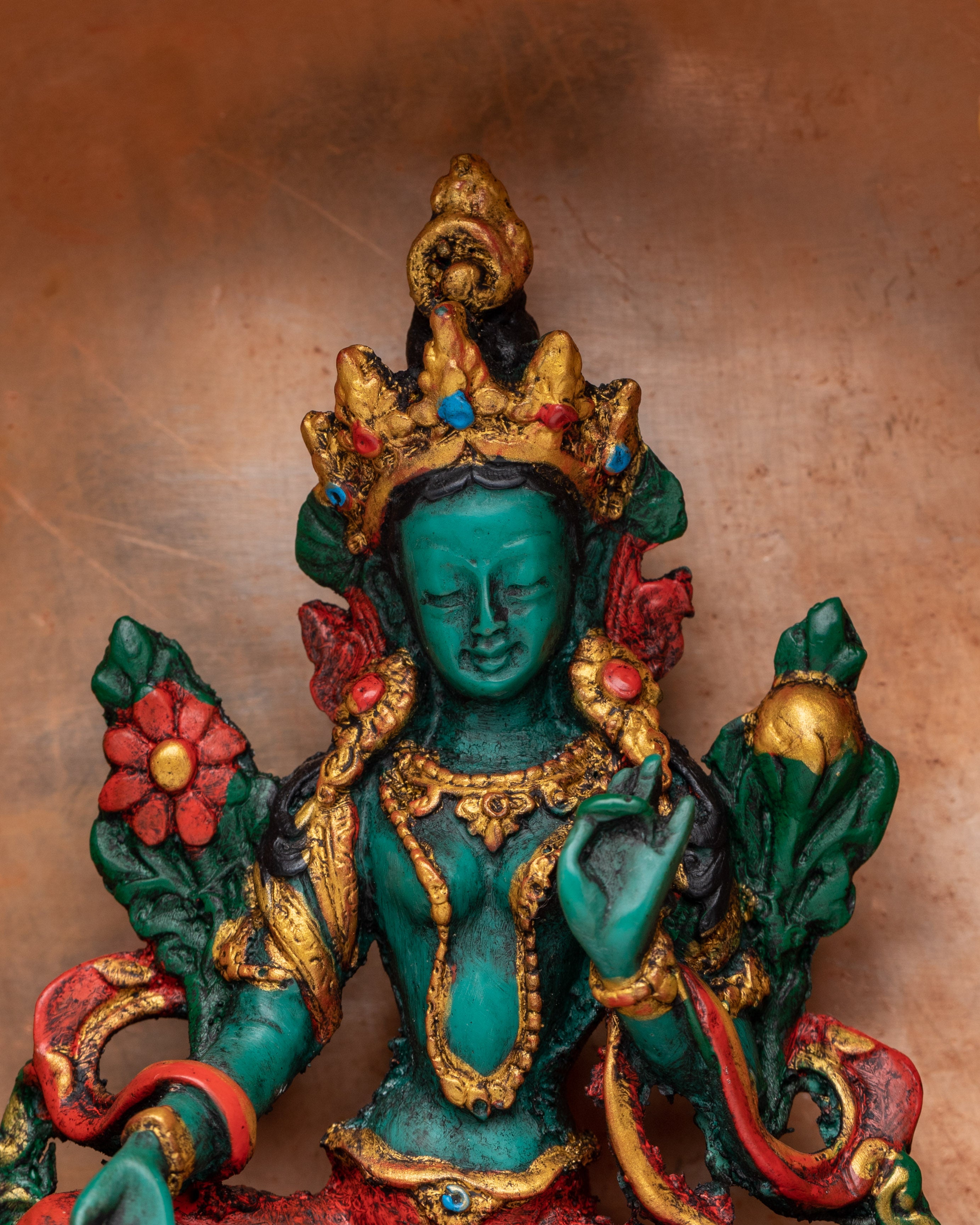 Ghau Box with Green Tara Statue | Tibetan Sacred Altar Decor & Meditation Gift