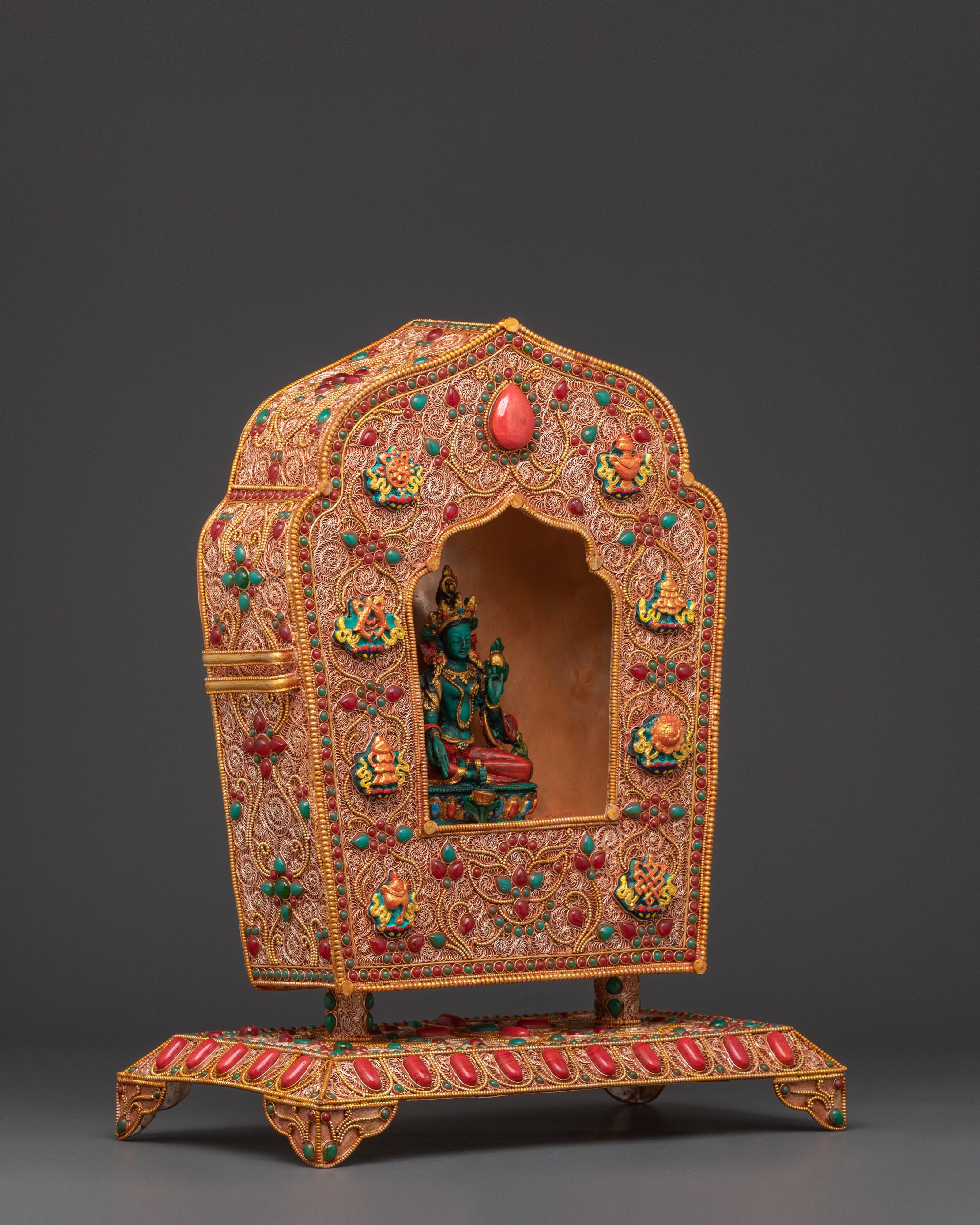 Ghau Box with Green Tara Statue | Tibetan Sacred Altar Decor & Meditation Gift