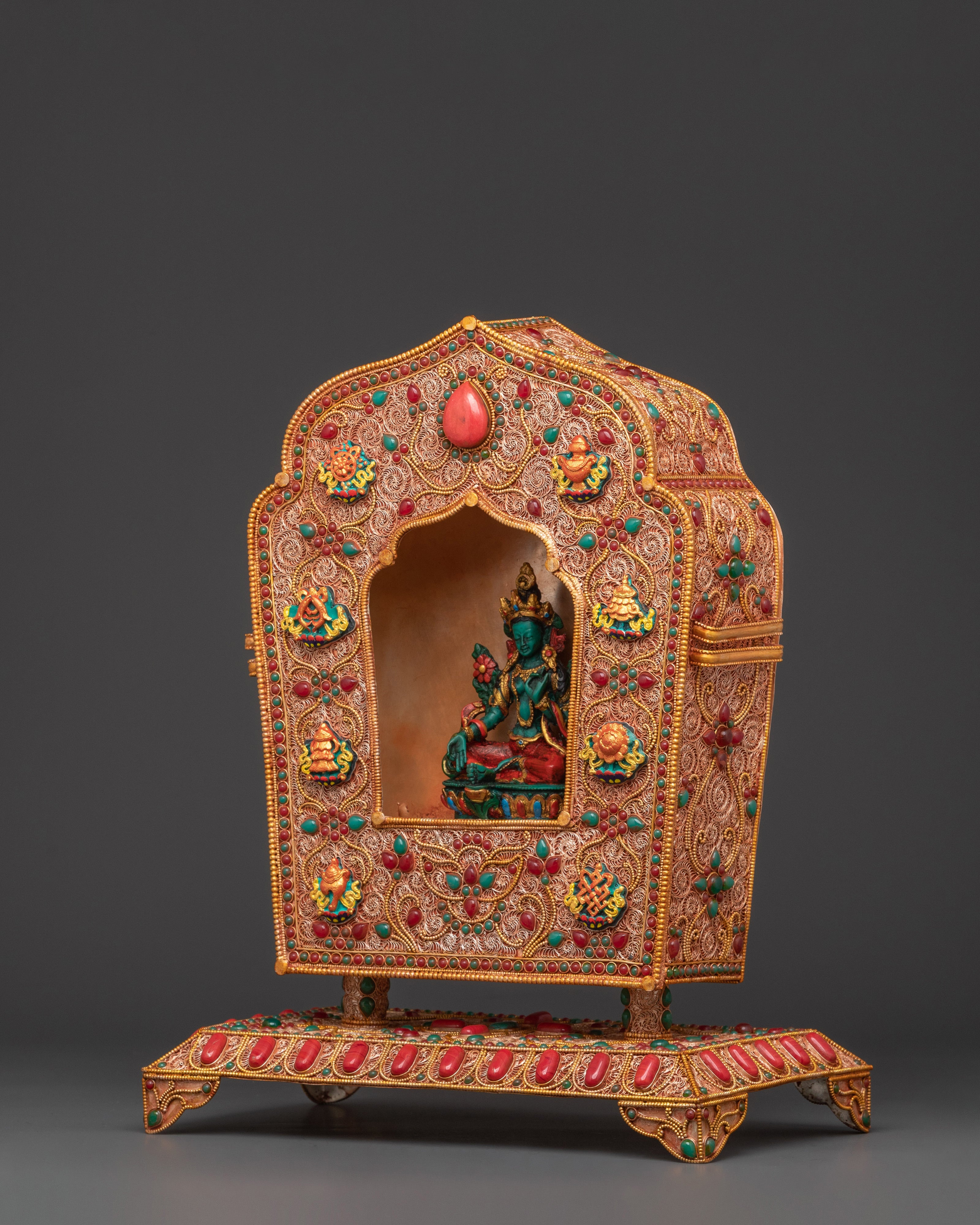 Ghau Box with Green Tara Statue | Tibetan Sacred Altar Decor & Meditation Gift