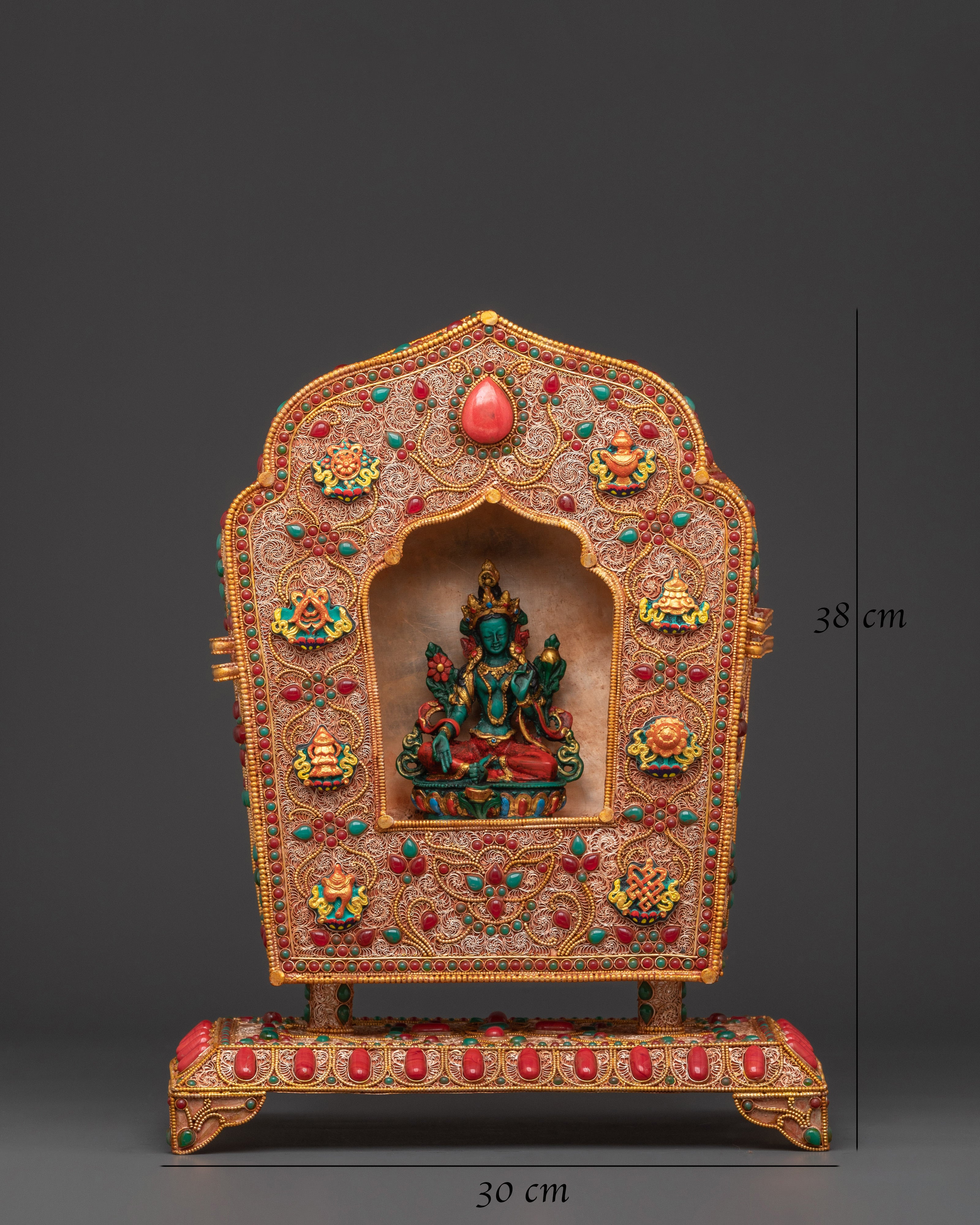 Ghau Box with Green Tara Statue | Tibetan Sacred Altar Decor & Meditation Gift